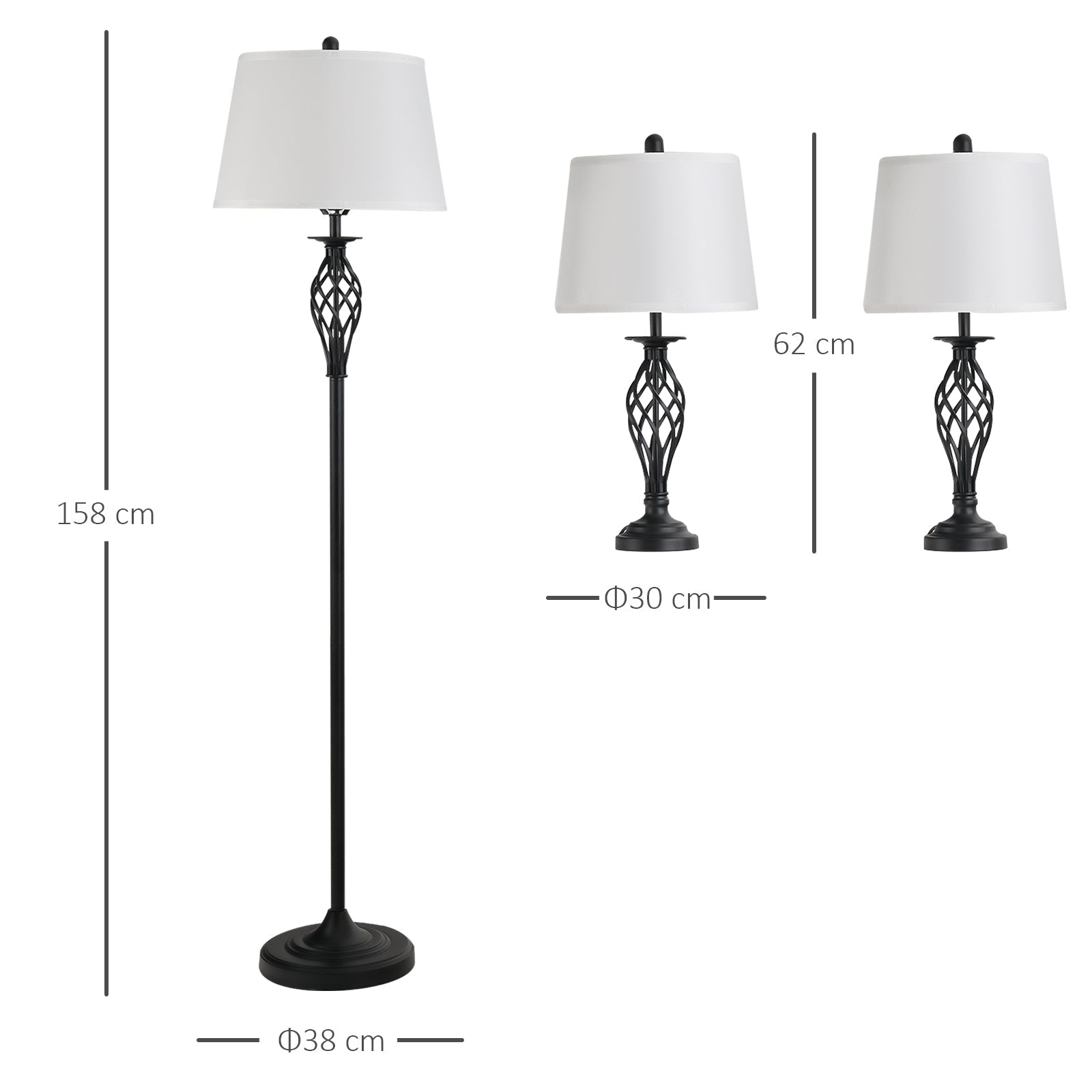 set 3 pieces: 1 ground lamp and 2 metal table lamps, vintage design, E27 bulbs, black and white - Borgè