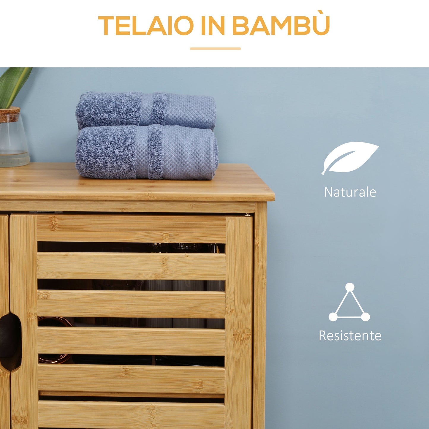 Kleankin Modern Bathroom Cabinet with 2 doors with 2 ventilated bamboo shelves, 68x32x86 cm, wood color - Borgè