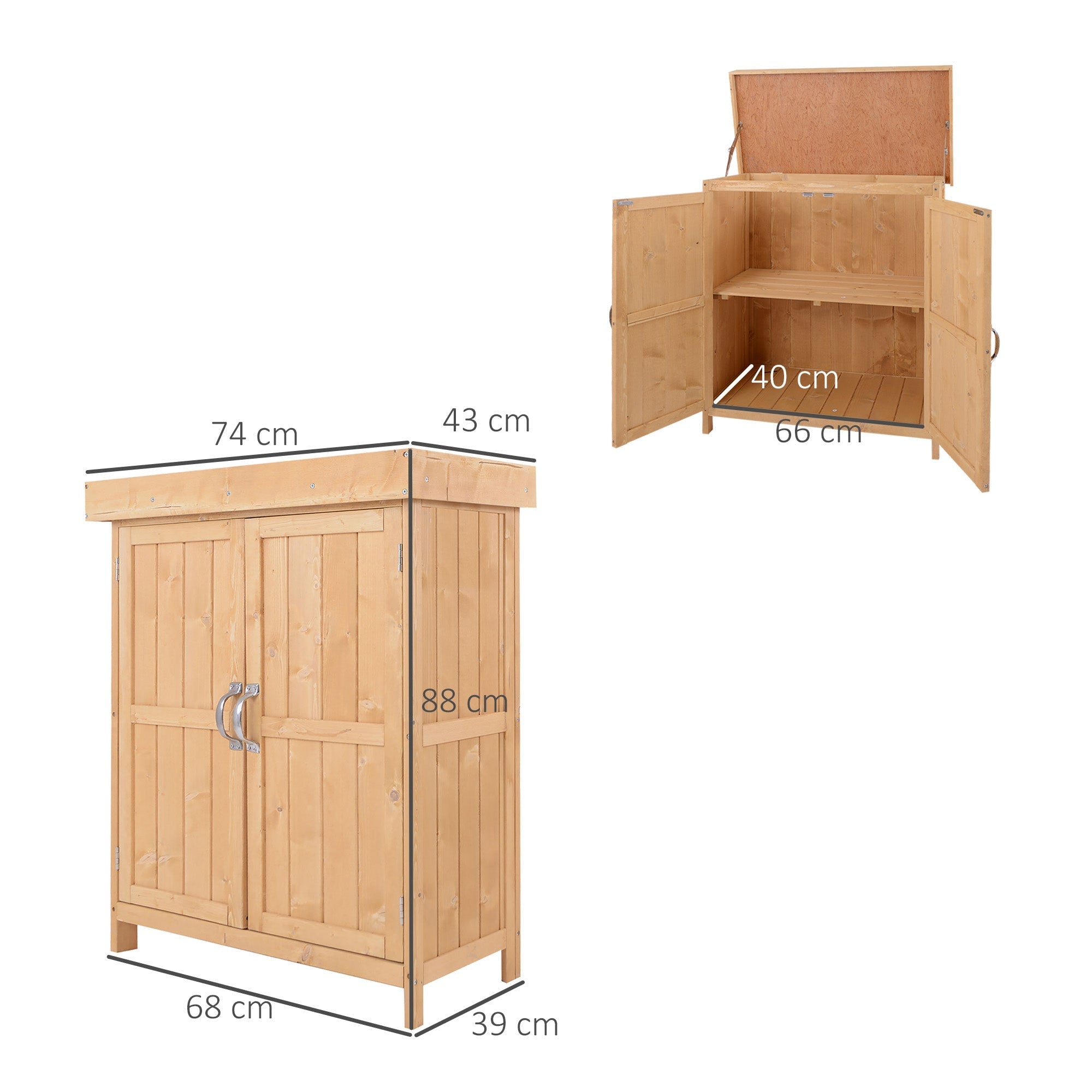 Wooden Garden Shed with 2 Doors, Outdoor Garden Tool Cabinet with Opening Roof, 74x43x88 cm - Borge' Group Limited