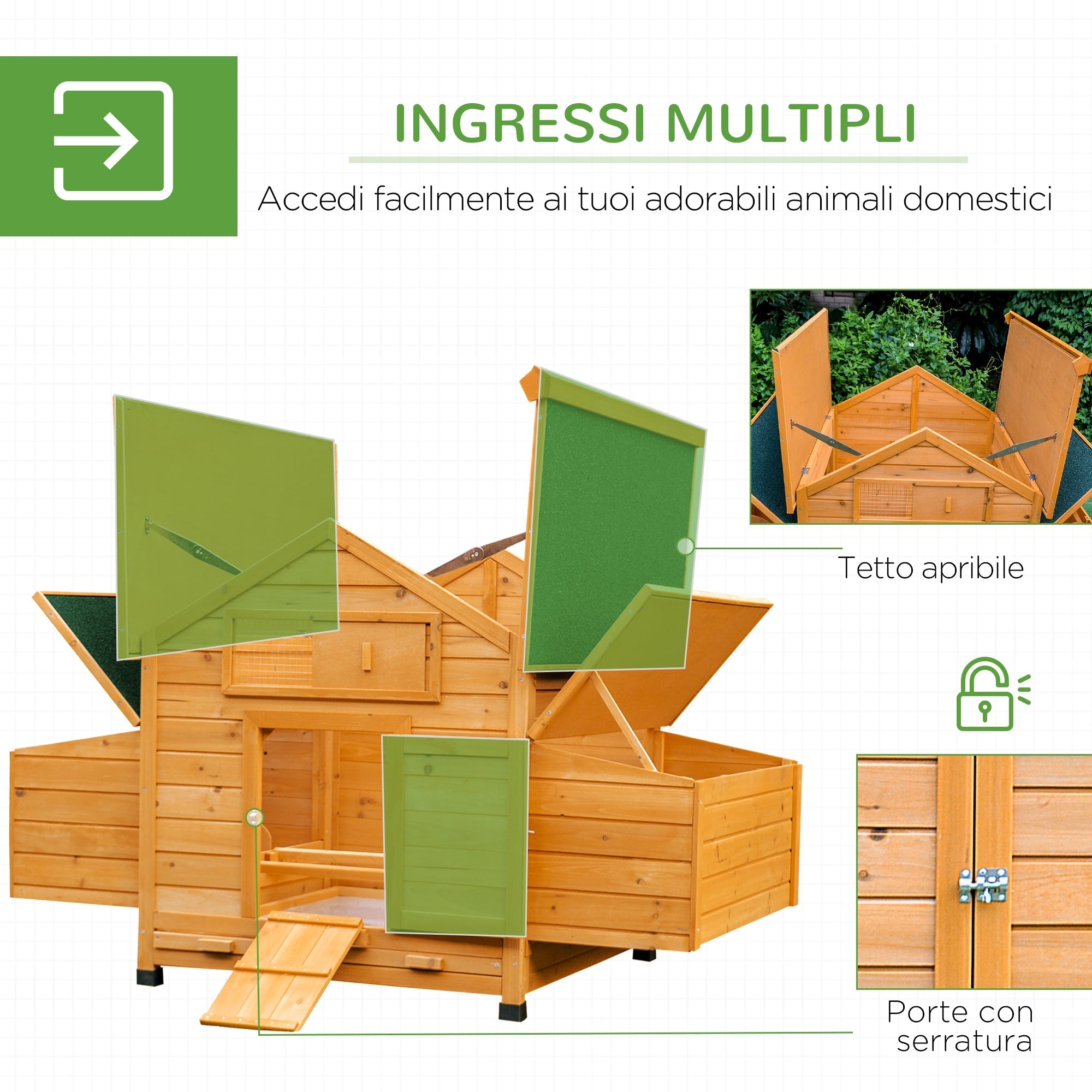 Chicken Coop Laying Cage for Garden Chickens with 2 Drawers, Nest and Waterproof Outdoor Roof in Wood, 150x100x96.5 cm - Borge' Group Limited