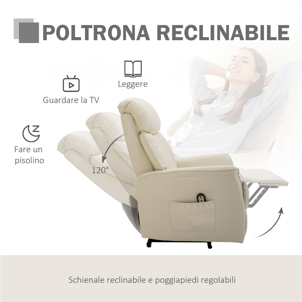 Electric Lift Recliner Chair 145°, Electric Relax Chair in PU Leather with Remote Control, Side Pockets and Integrated Footrest, Cream - Borgè
