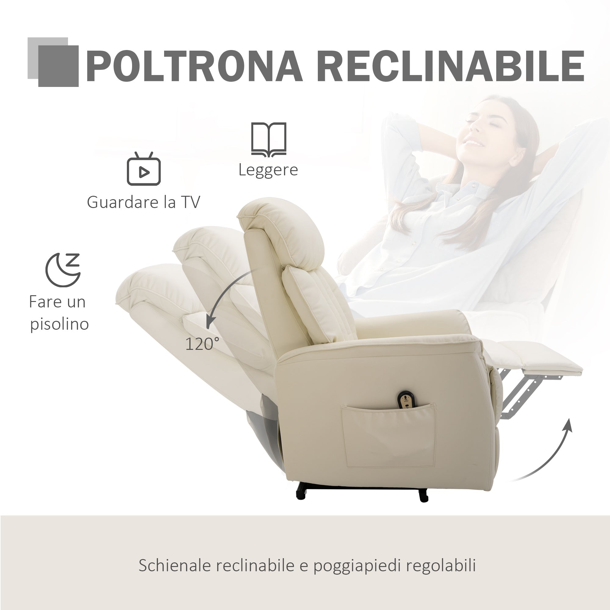 Electric Lift Recliner Chair 145°, Electric Relax Chair in PU Leather with Remote Control, Side Pockets and Integrated Footrest, Cream - Borgè
