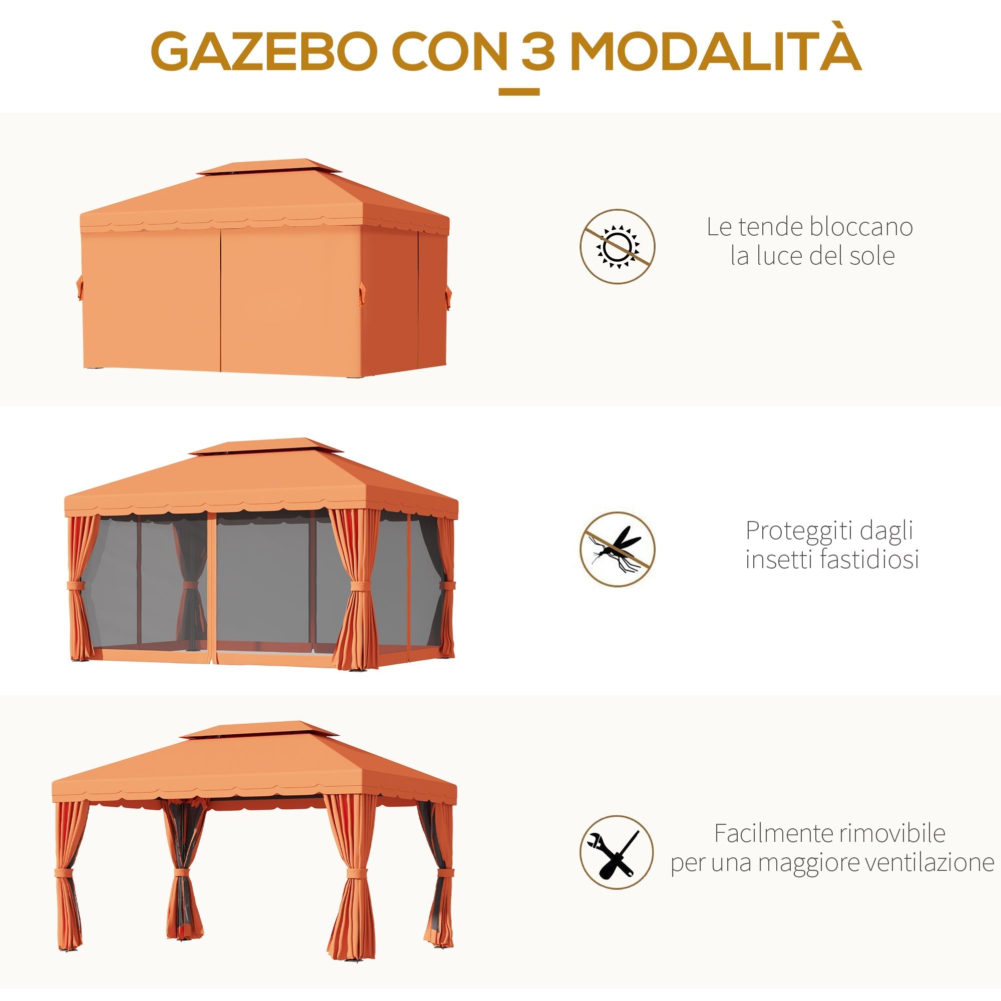 4x3m Garden Gazebo with Double Roof and Side Awnings, Orange - Borge' Group Limited