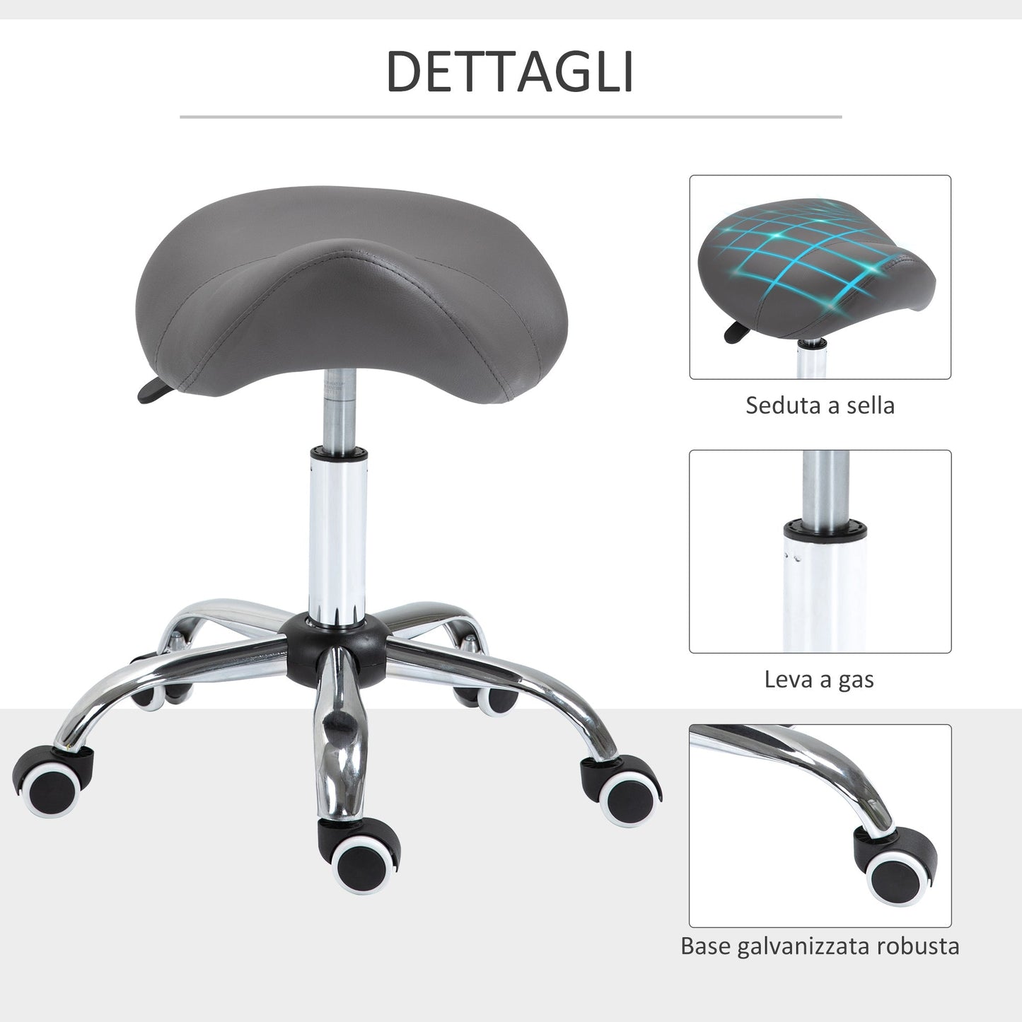 work stool in saddle with wheels and adjustable height for hairdresser shops and tattoo, 52x53x49-61cm Grey - Borgè