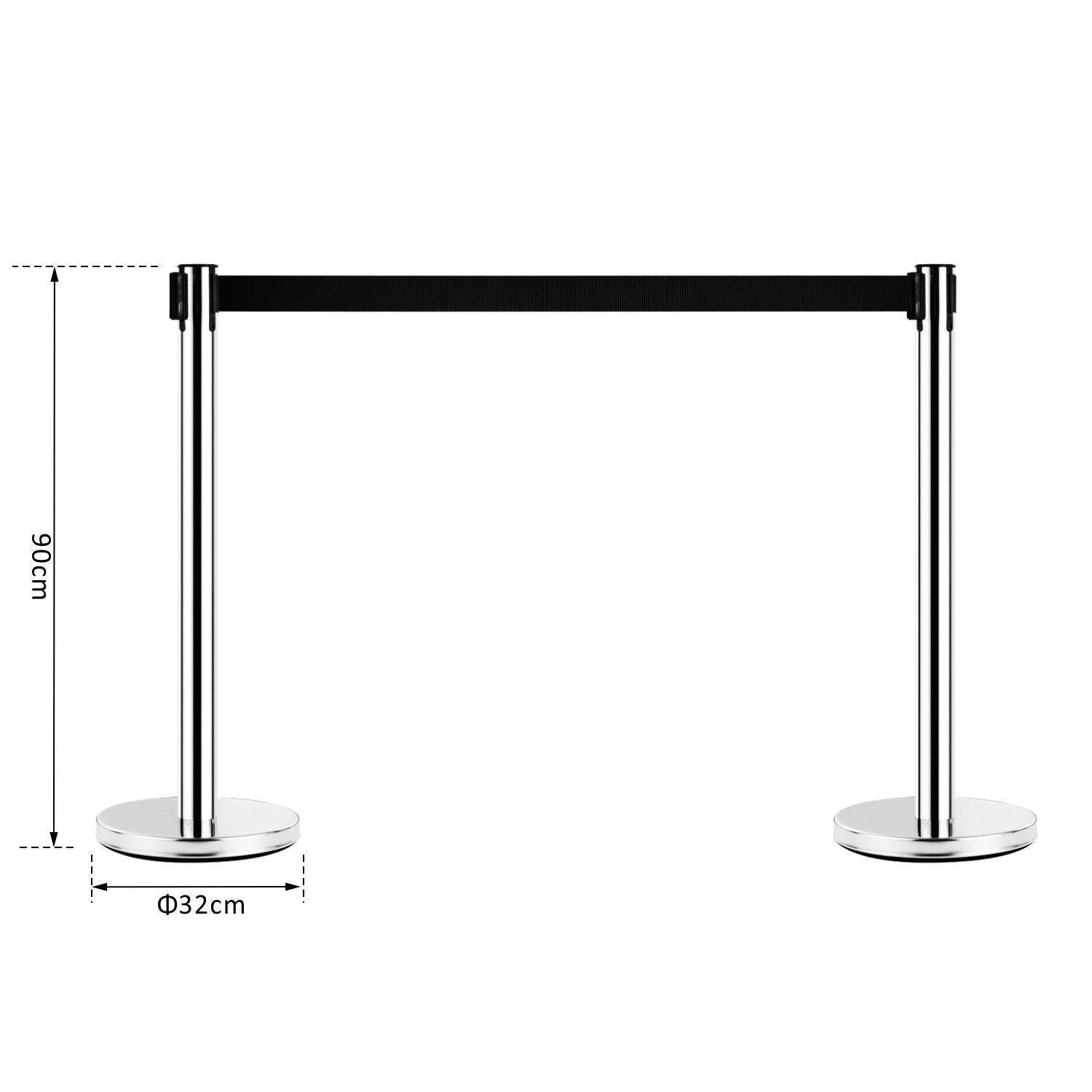 Silver Retractable Bollards | with black ribbon of 2m in Stainless Steel and Nylon | ф32x90cm - Borgè