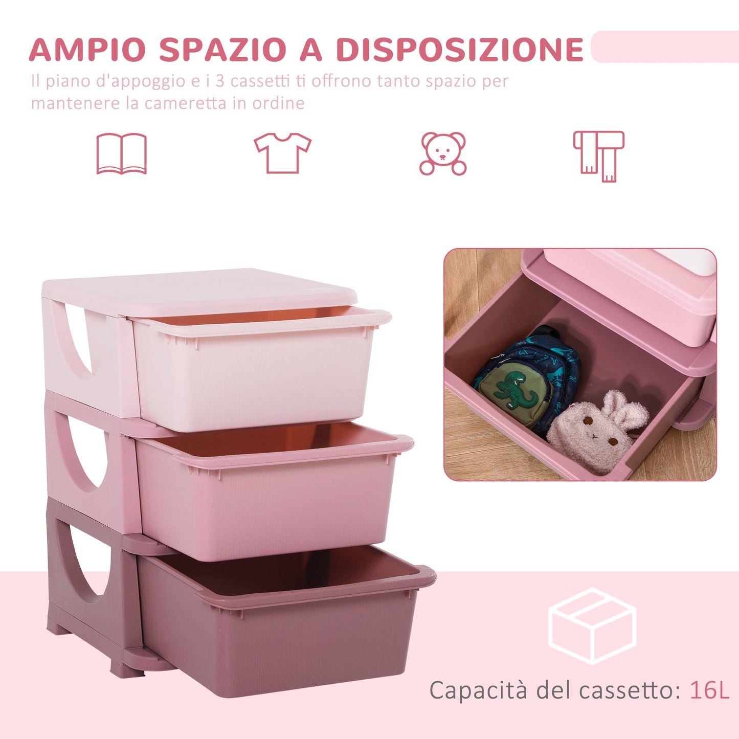 PINKY | Colorful plastic chest of bedroom with 3 drawers | 37x37x56.5cm - Borgè