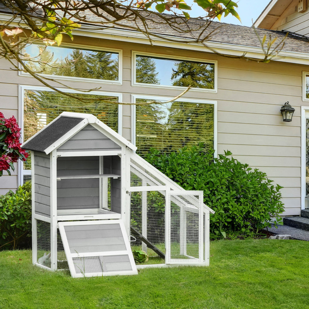 Wooden Rabbit Hutch with Open Area and Ramp, Rabbit Cage with Removable Bottom and Doors, 140x65x120 cm, Grey - Borge' Group Limited