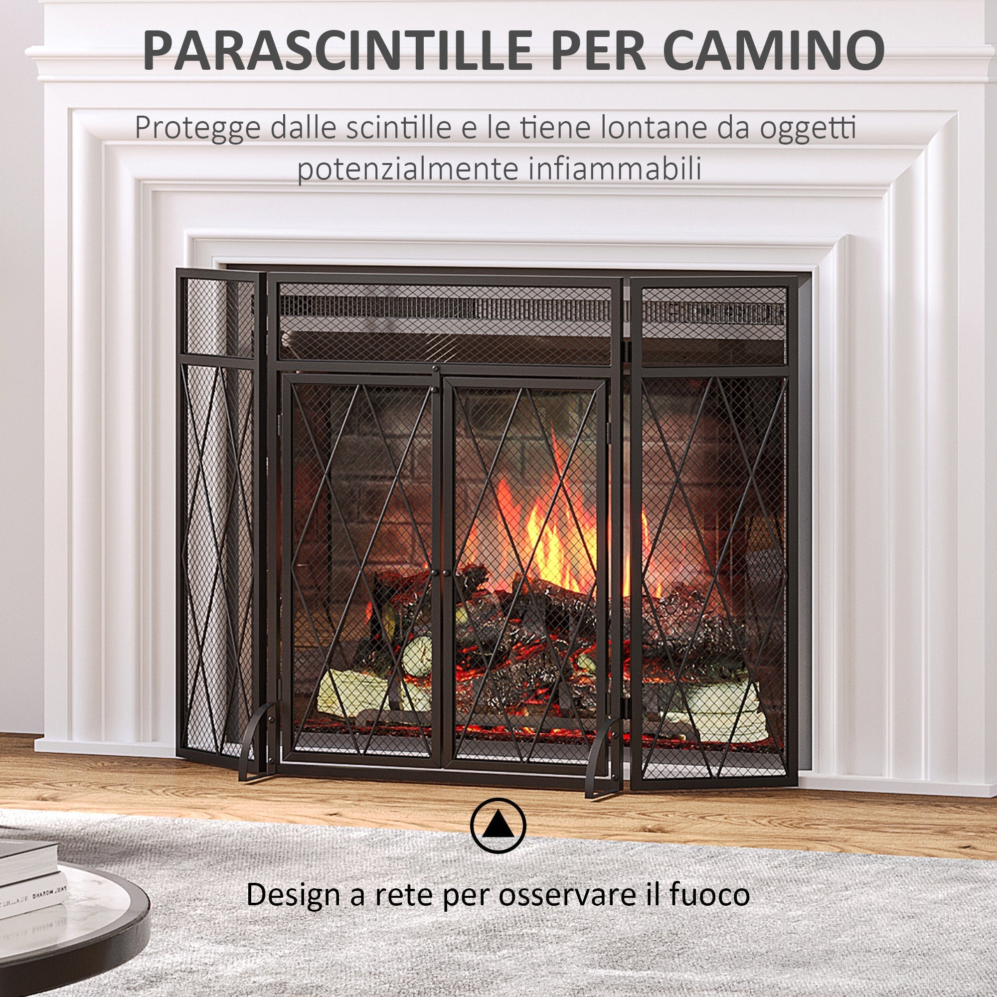 Metal Fireplace Fireplace Parascints with 3 Folding Panels and 2 Doors, 120x11.5x79cm - Black - Borgè