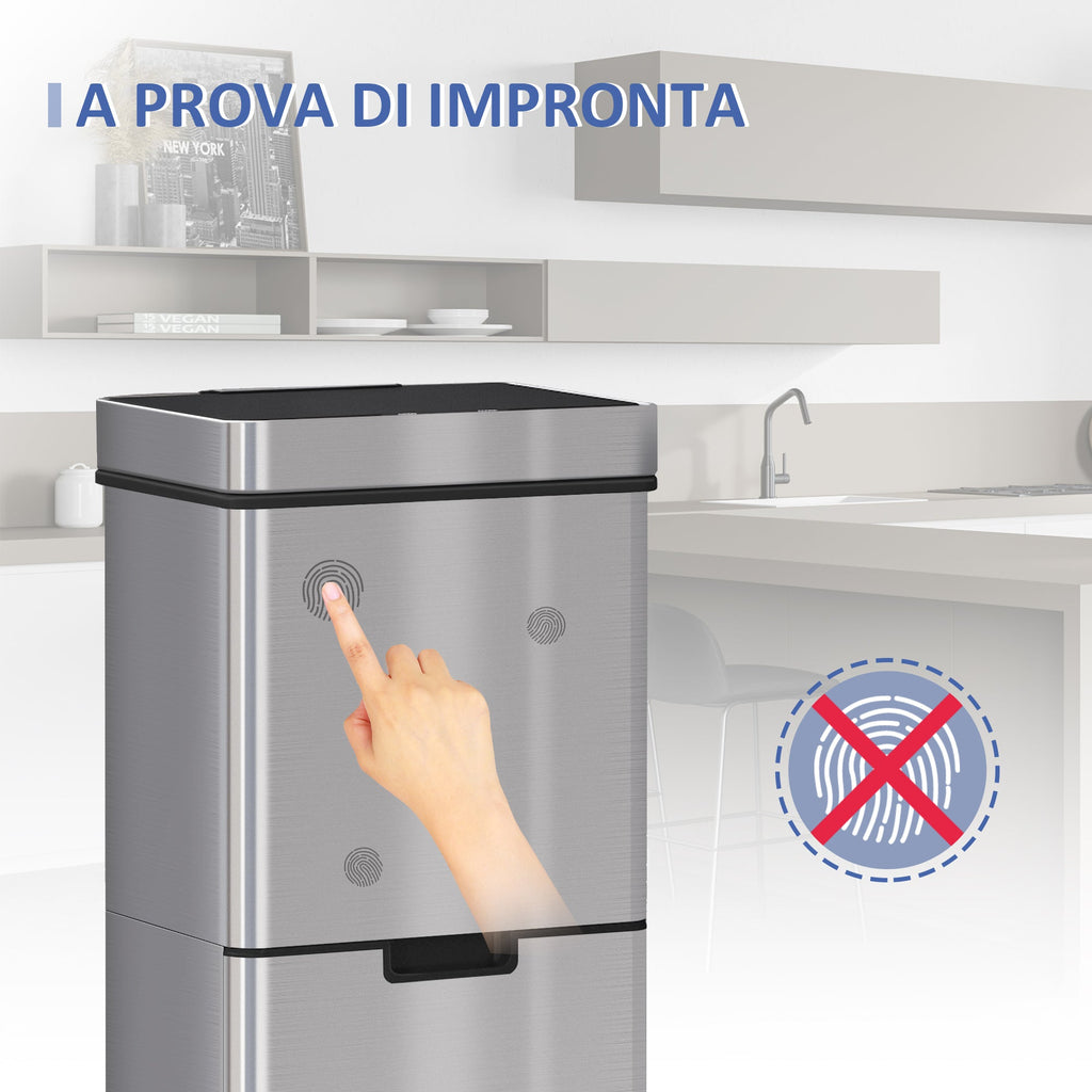 Autuminie 72L Song with Infrared sensor, 3 compartments and removable lid, steel and ABS, 42x30x81cm - Borgè