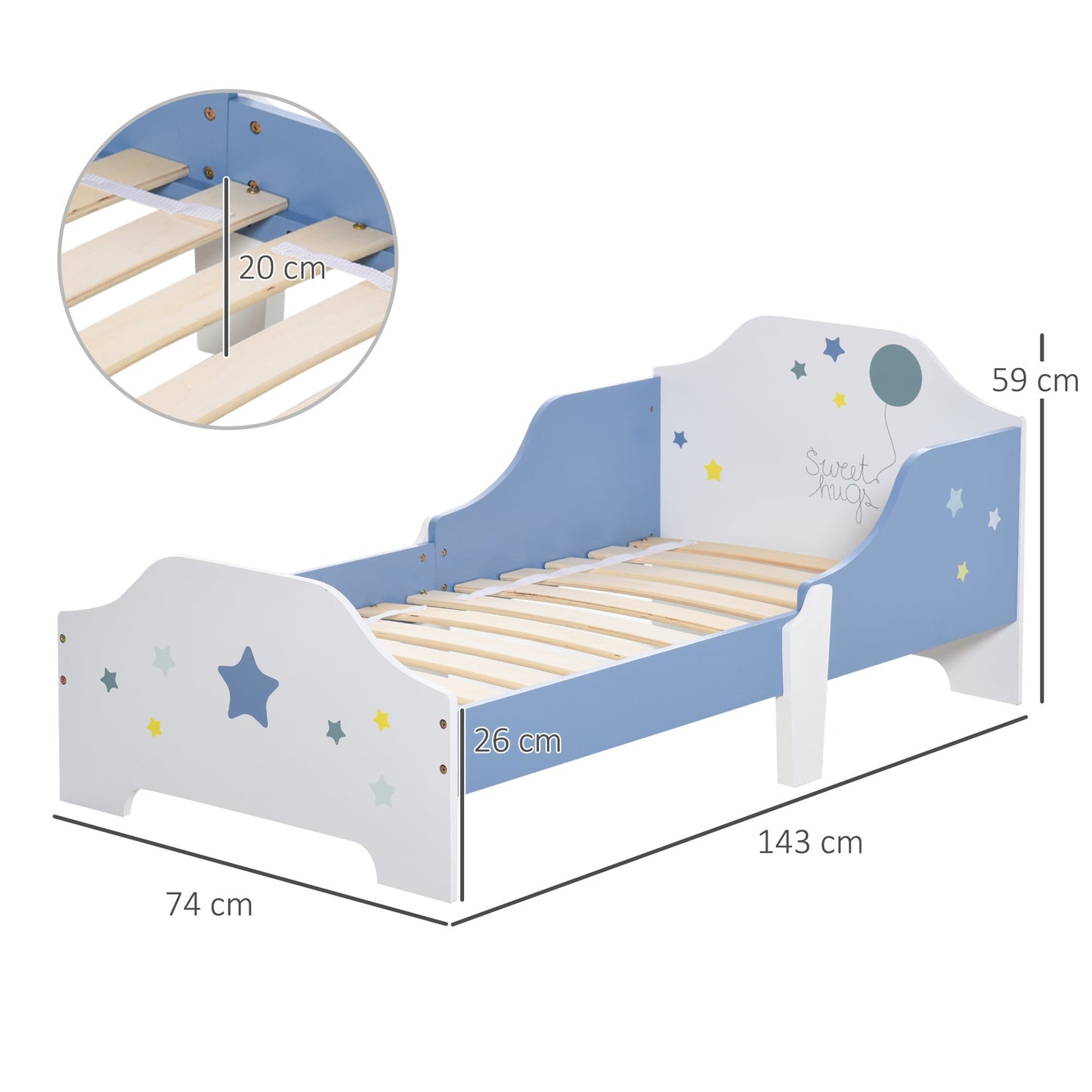 read low for boys and girls of +3 years with sides, blue and white bed, 143 x 74 x 59 cm - Borgè