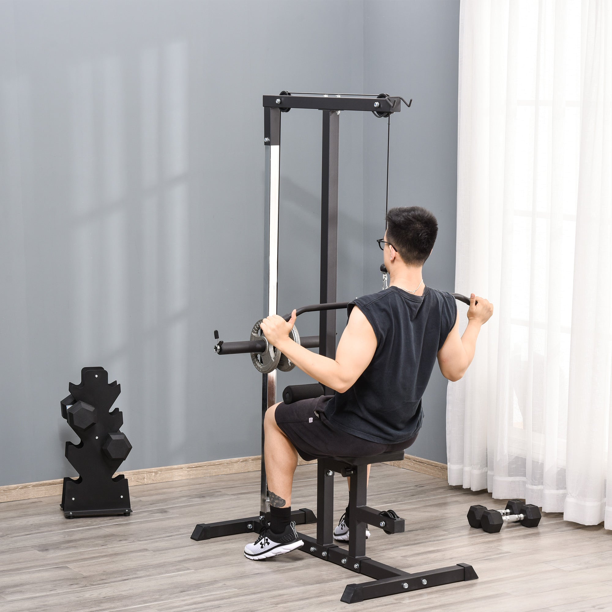 Fitness Pull Down Station for gym in the house with bench and adjustable cable - black - Borge' Group Limited