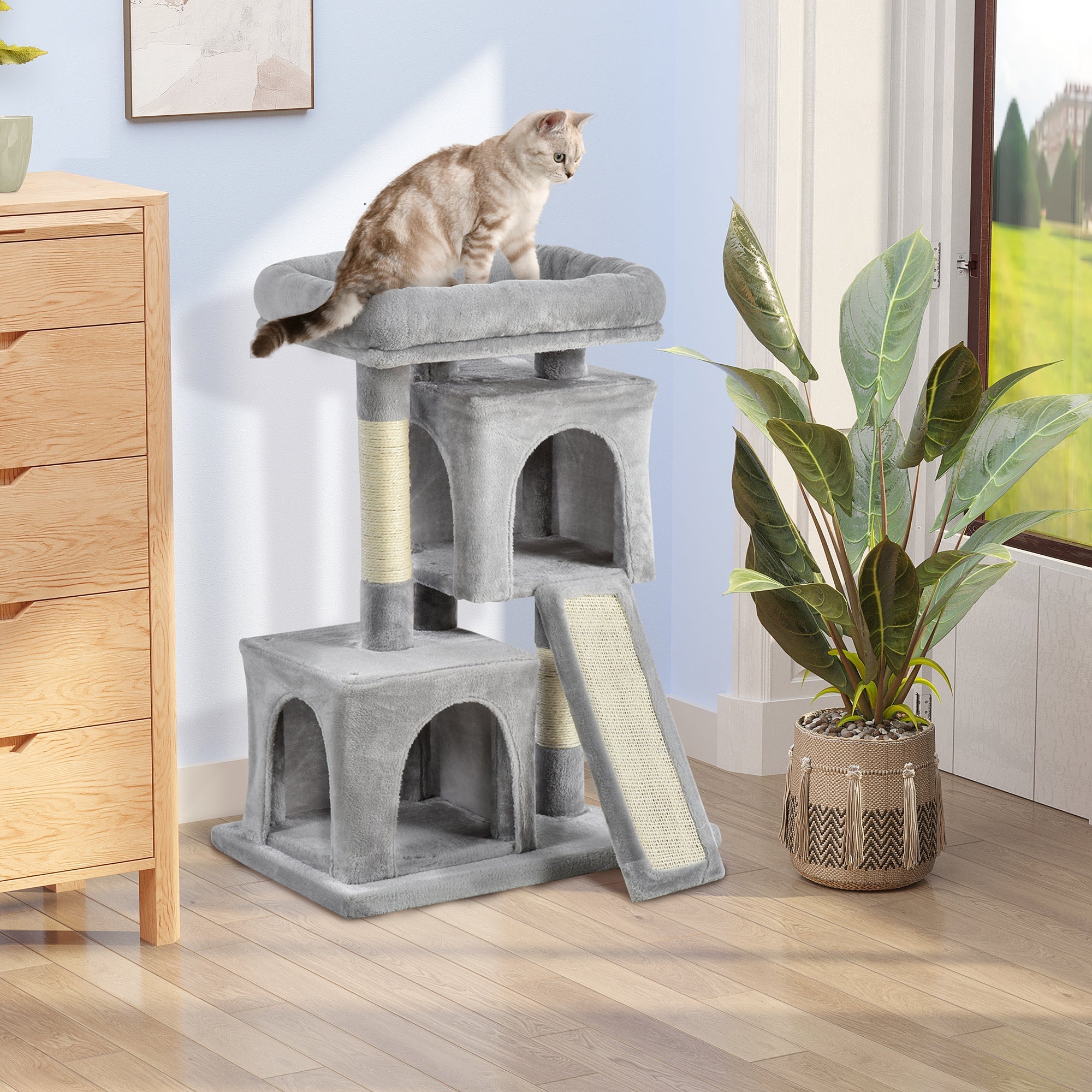 Cat Tree with Sisal Poles, Bed and 2 Houses, 59x39x83cm, Grey - Borge' Group Limited