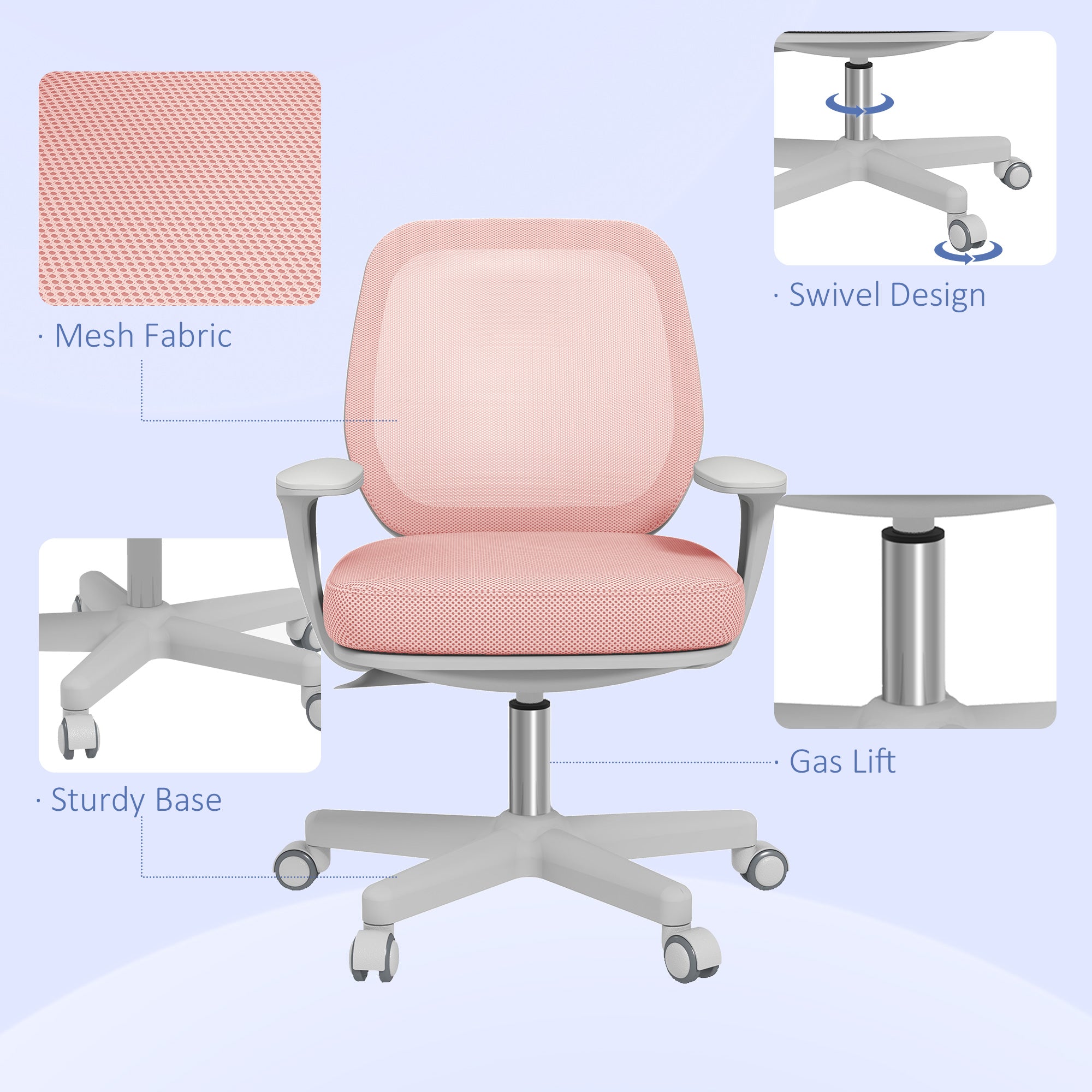Ergonomic office chair and reclining at adjustable height with 5 wheels, 55x48x82.5-94.5 cm, pink - Borgè