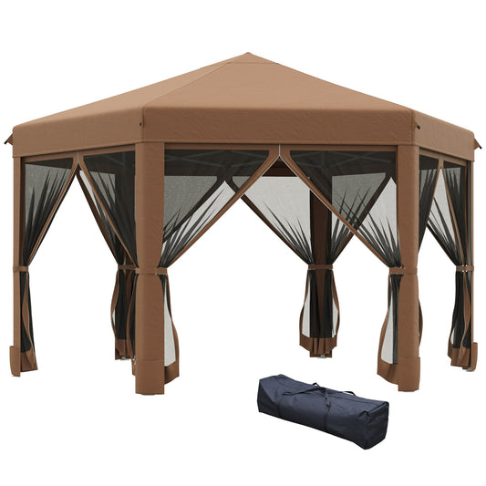 Outsunny Folding Garden Gazebo with mosquito net, hexagonal steel and polyester structure, 3.2x3.2x2.6m brown - Borgè