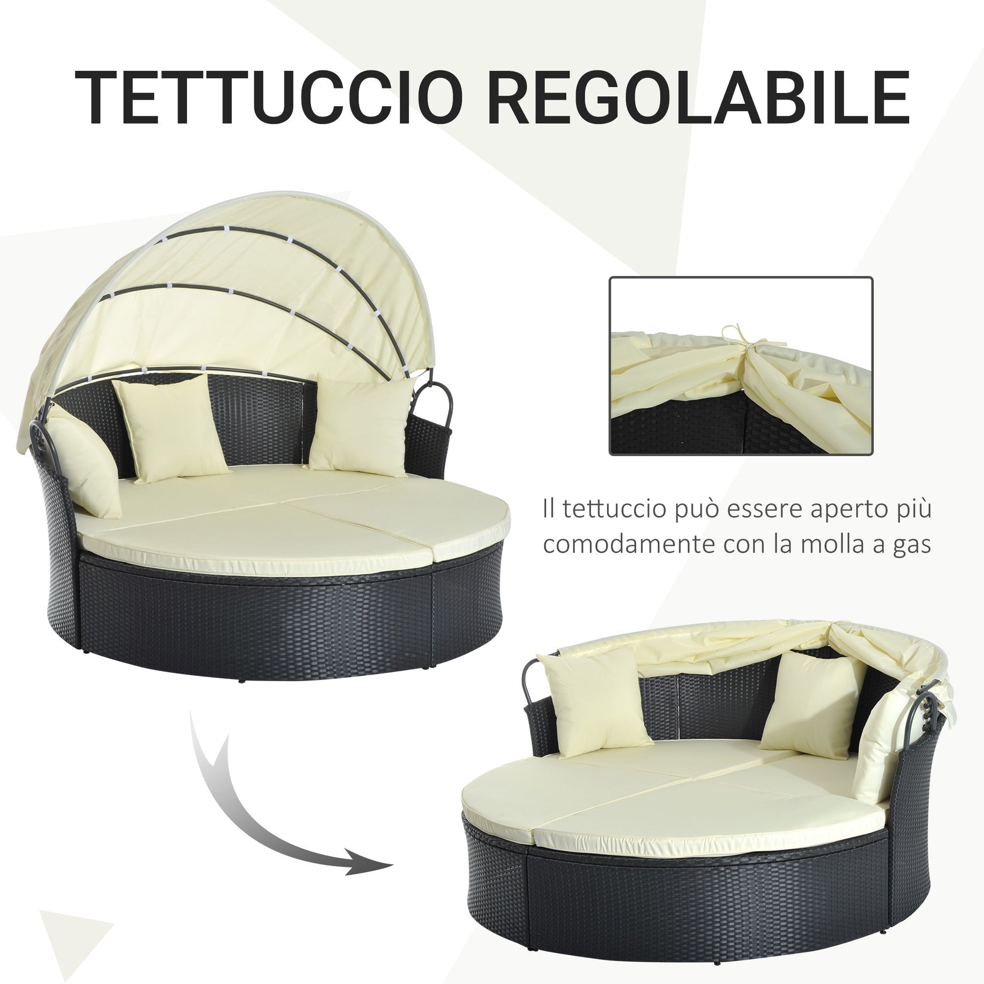 Modular Rattan Garden Sofa with Sun Awning, Lounger, Footstool, and Cushions in Cream and Black - Borgè