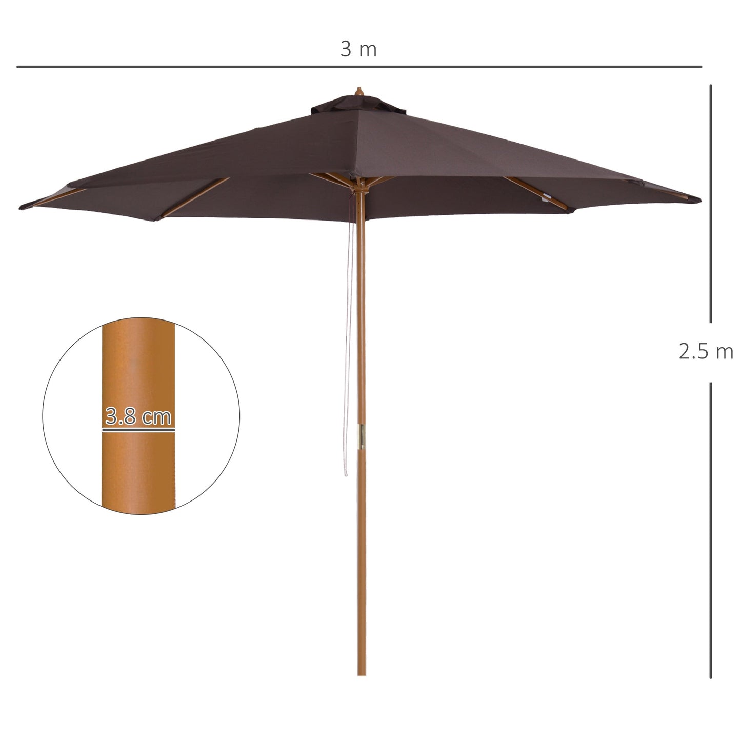 Outsunny garden umbrella with wooden pole and 8 sticks, anti -UV polyester parasols, φ300x250cm, coffee - Borgè