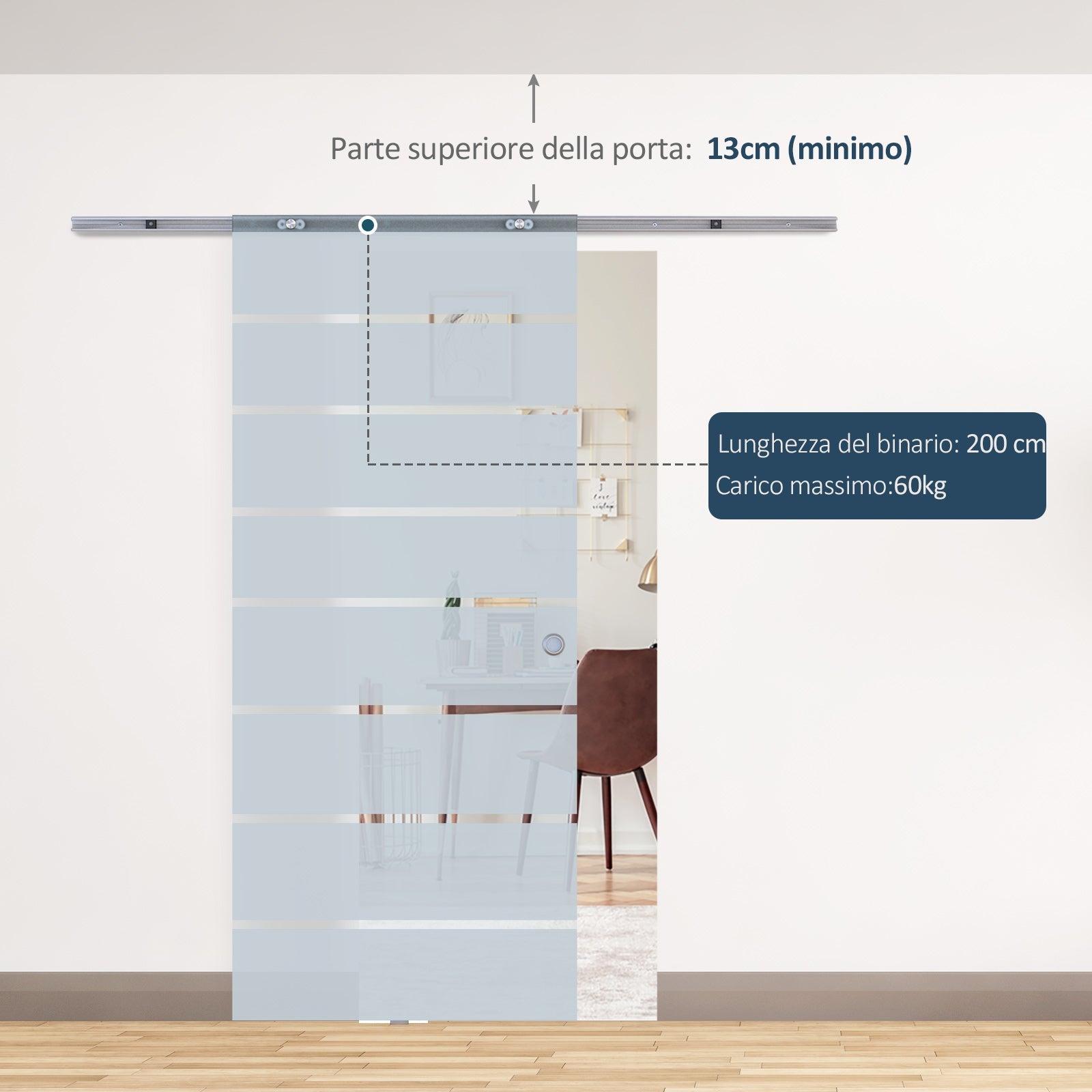 Internal sliding door in chopped and satin glass with B3 binary aluminum for bathroom Kitchen Studio Glass 205x 90x 0.8cm - Borgè