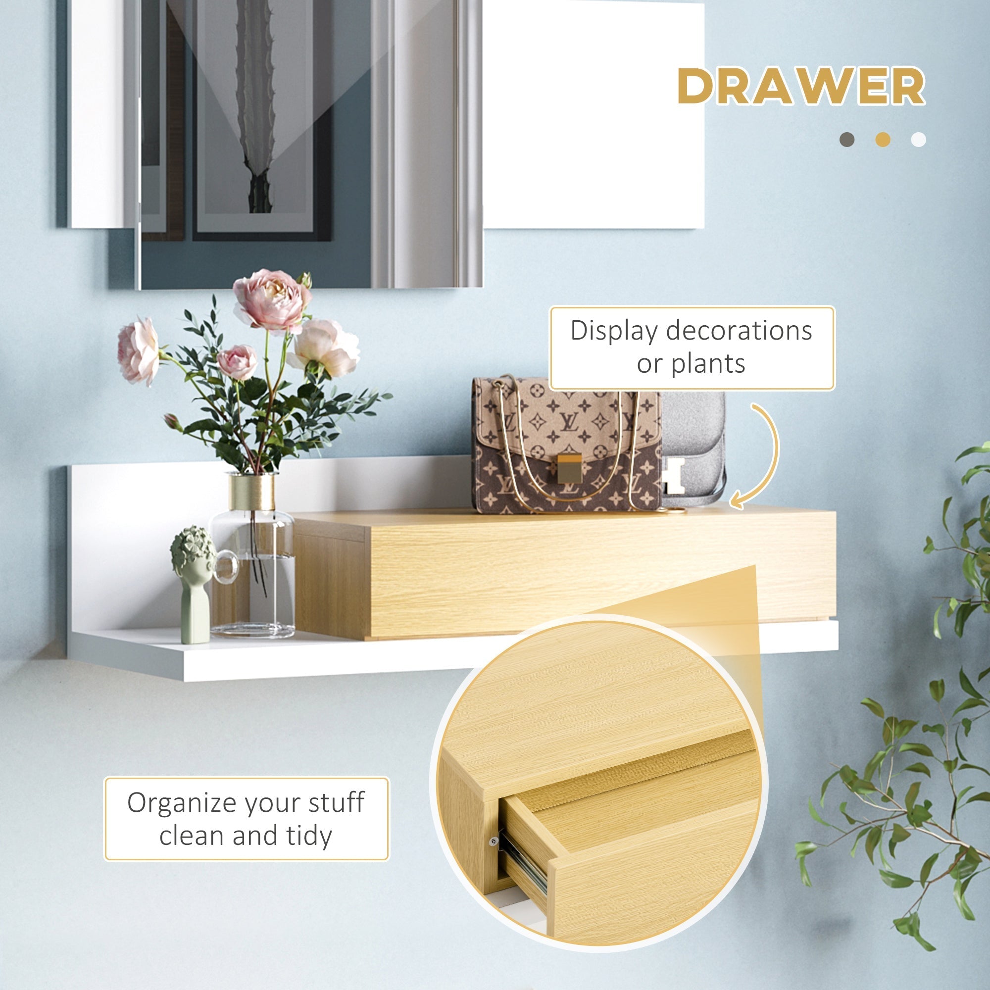set entrance furniture with mirror 40x70cm and wooden drawer with wall fixing - Borgè