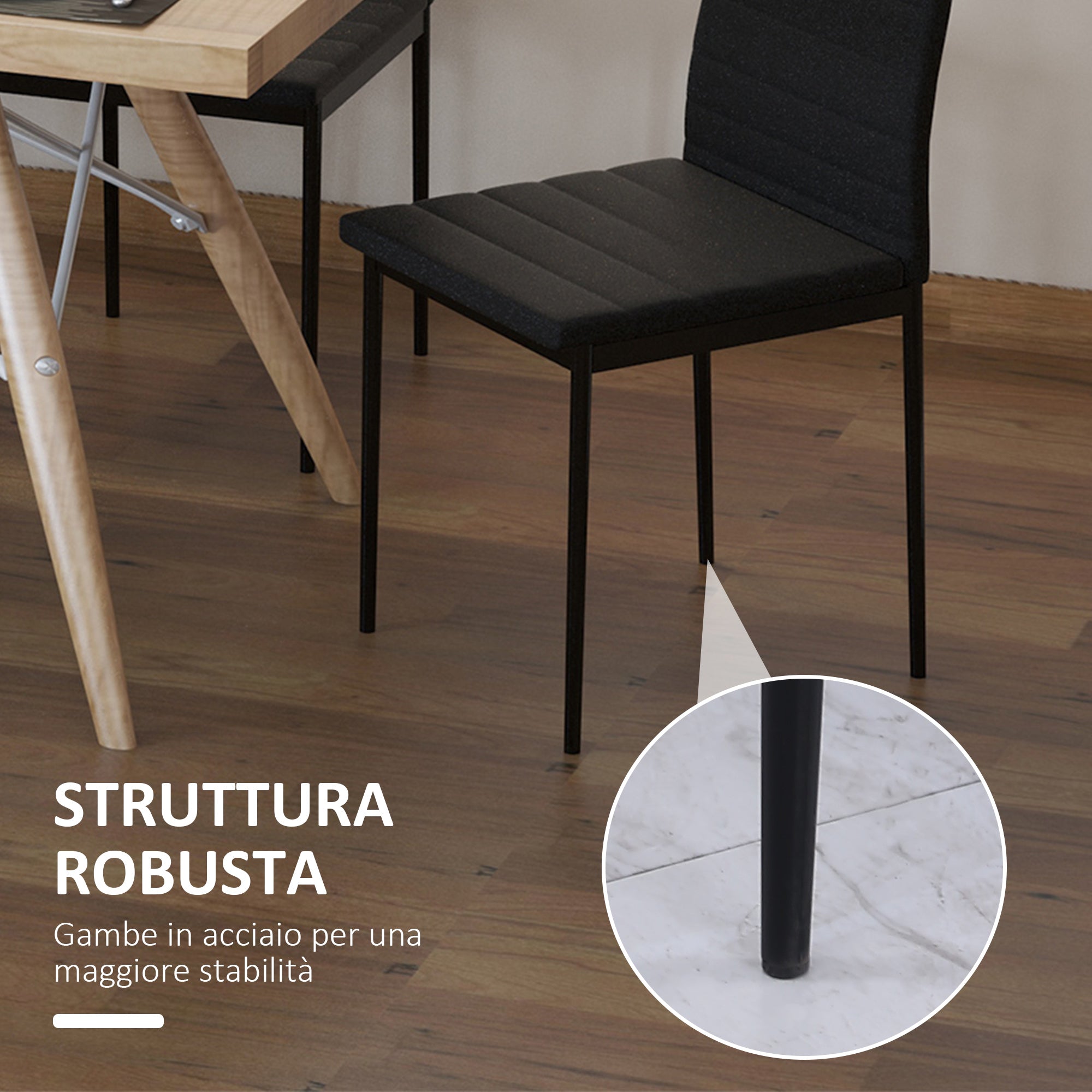 Set 4 Padded Modern Style Chairs in Metal and Fabric - Black - Borgè