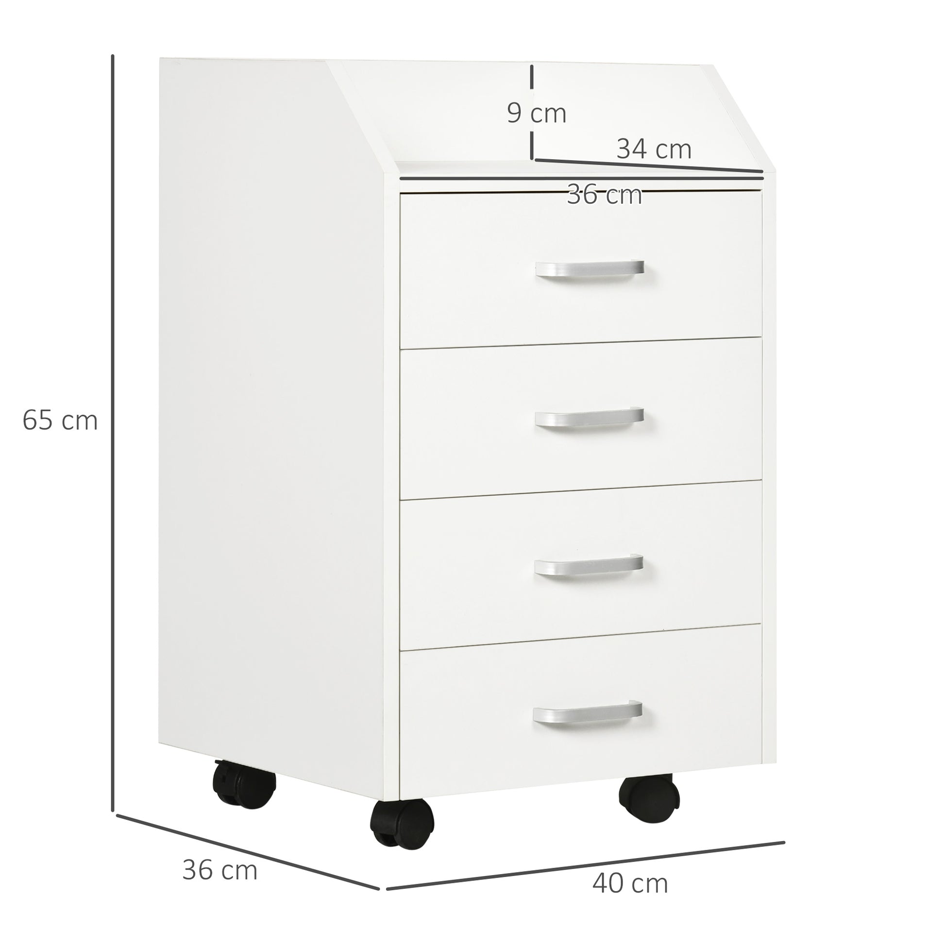 Wooden designer winner with 4 drawers, wheels and raised edges, 40x36x65cm, white - Borgè