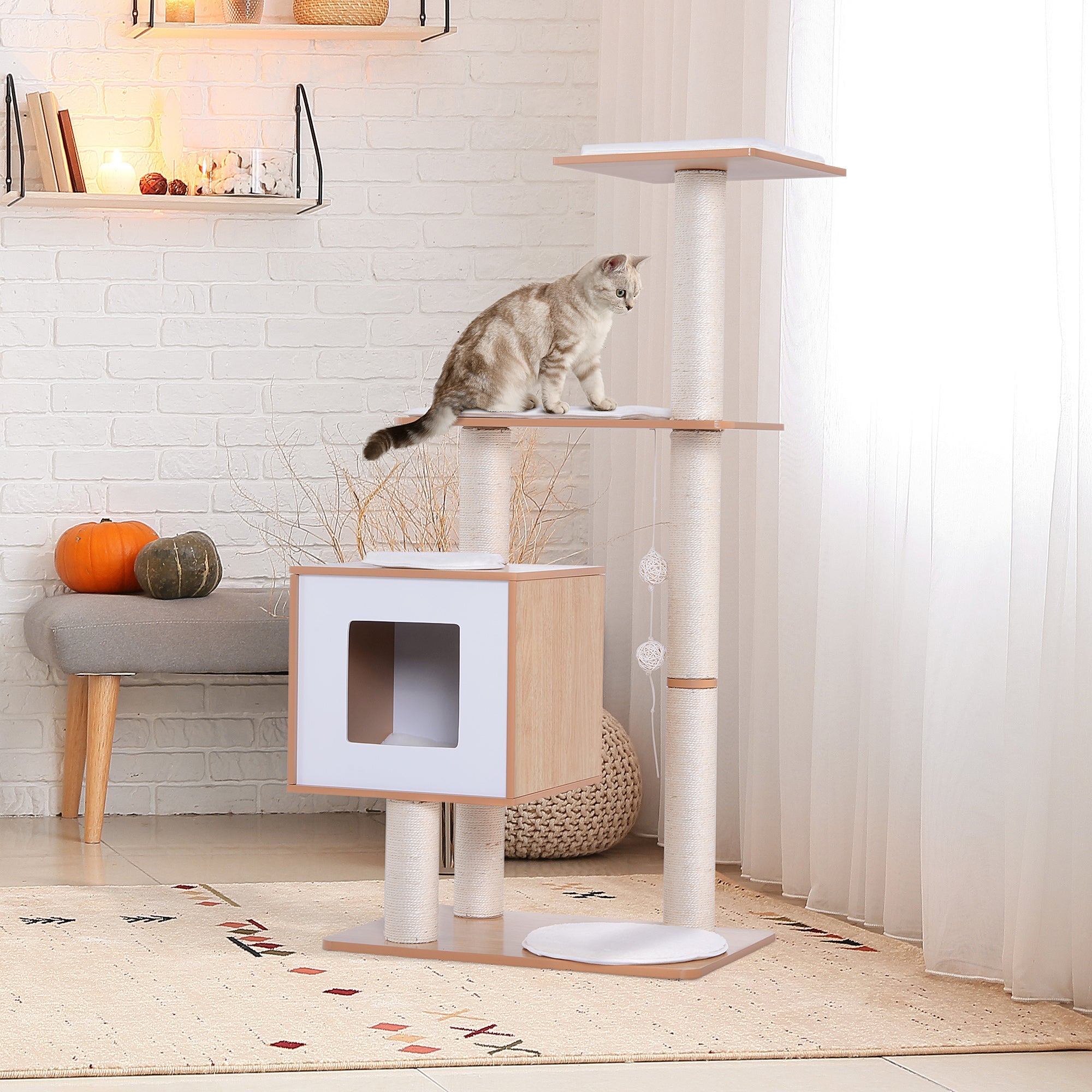 Wooden Cat Tree for cats with Scratch Pole 120cm | 71.5x49.5x120cm Wood, White - Borgè