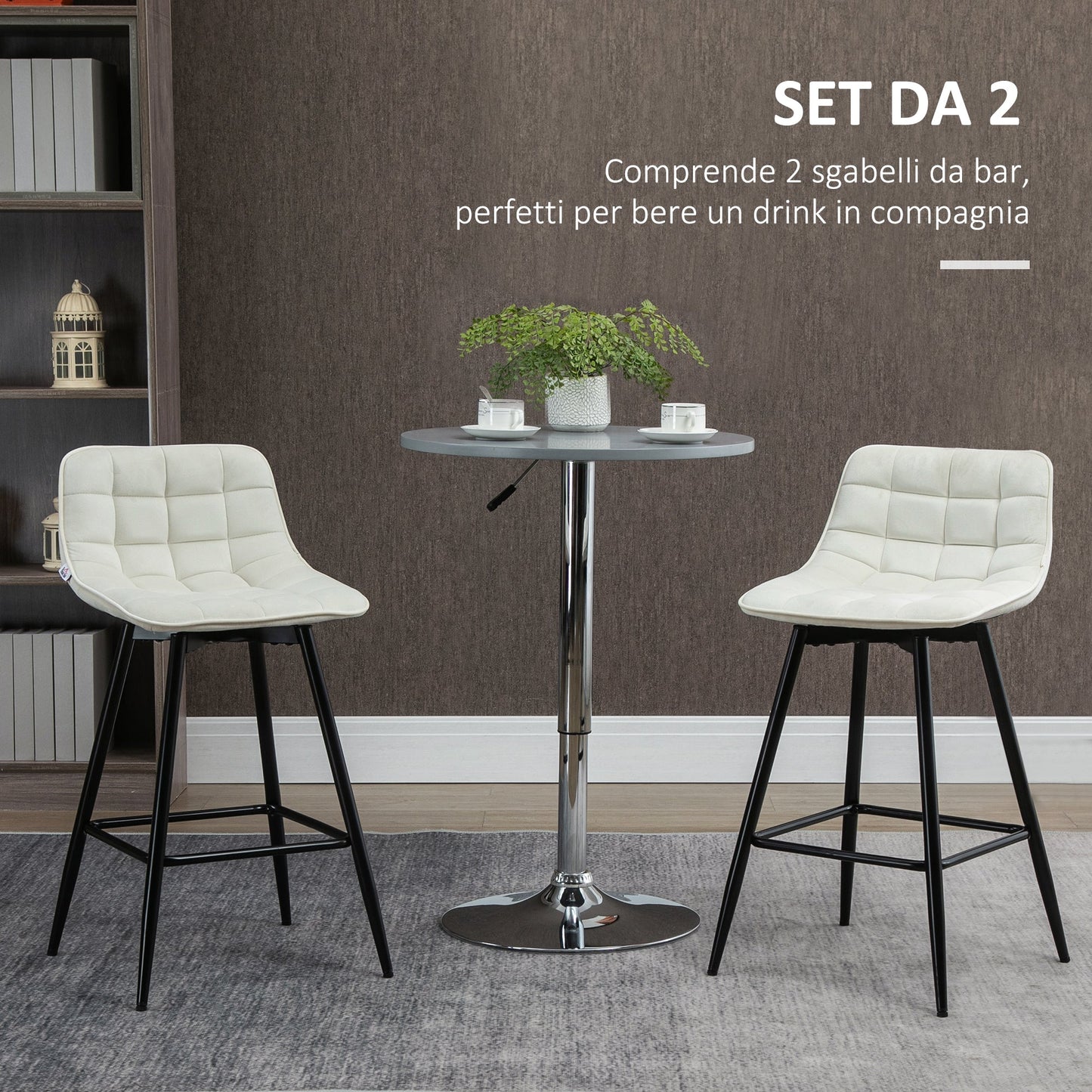 Set of 2 Nordic Style Bar Stools with Backrest and Footrest in Metal and Velvet, Cream, 45x47x84 cm - Borgè