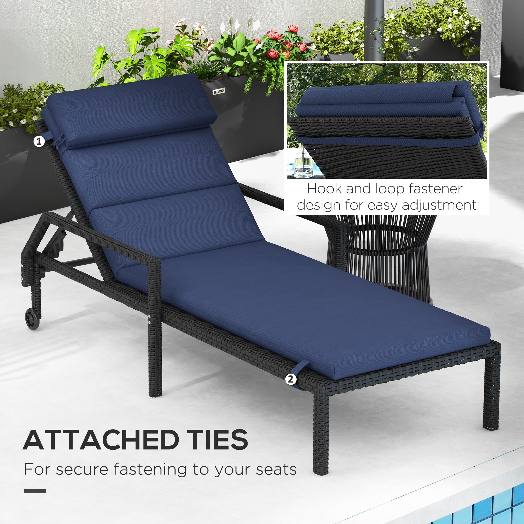 Outsunny cushion for deck chairs and sunbed bed with fixing laces, dark blue - Borgè