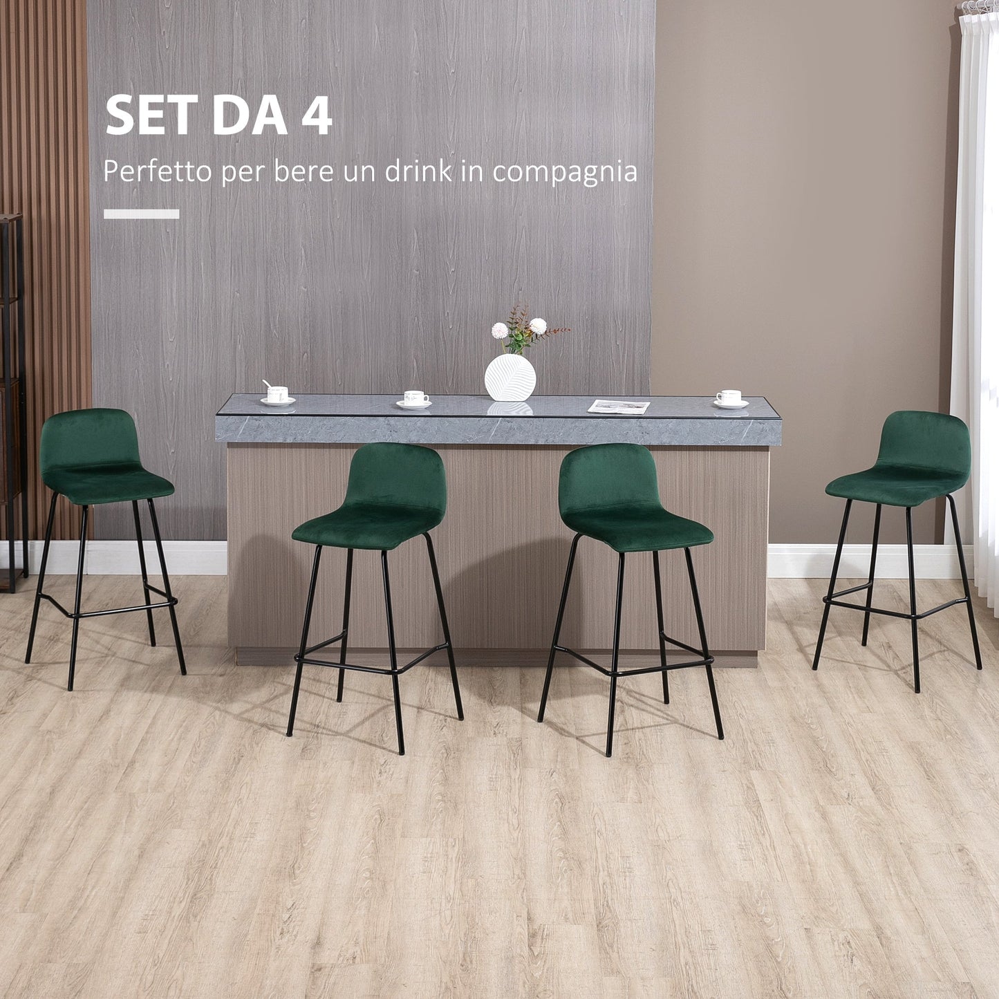 Set 4 high stools with kitchen and bars footrests, in velvety polyester, steel and rubber -tap, 40x45.5x94 cm