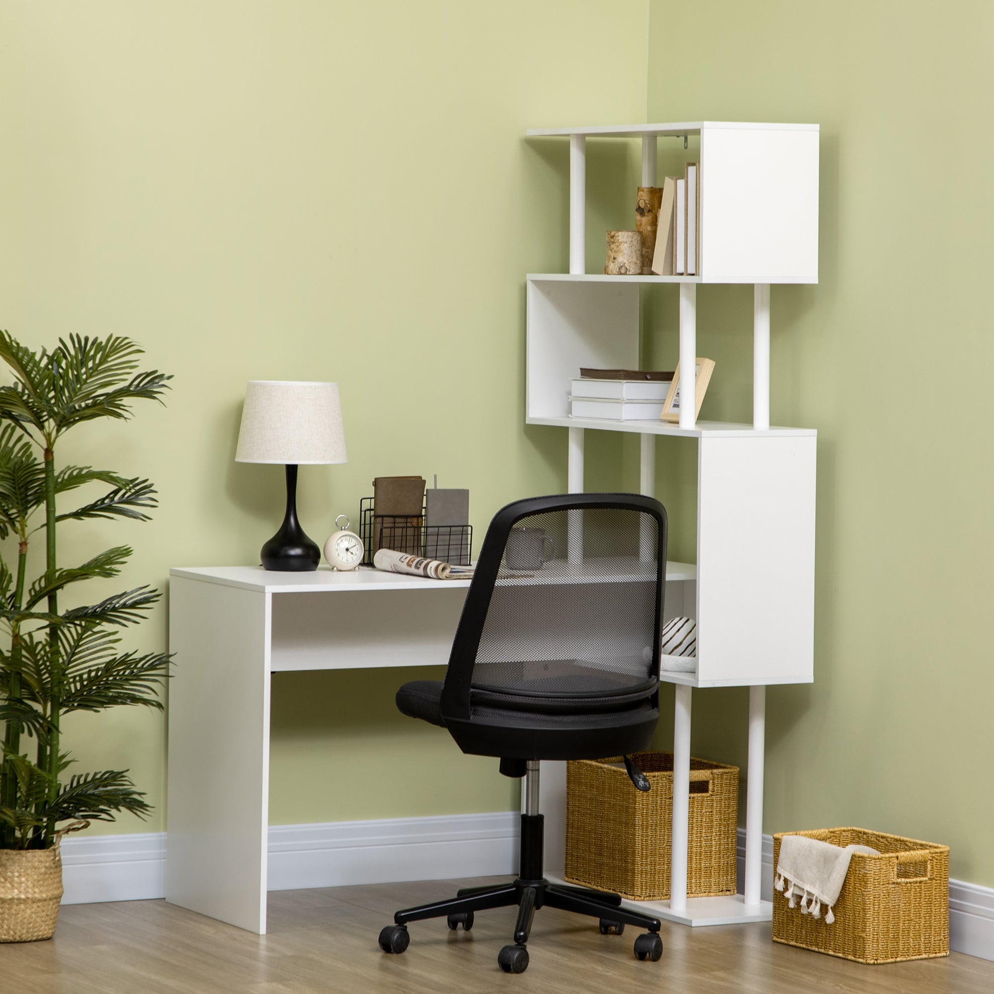 Modern Angular Desk in Chocolate Office and Studio with 4 -level shelf, 120x80x176 cm, white - Borgè