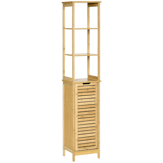 Kleankin Bathroom Cabinet with 3 shelves and 1 sideboard, slatted design, mdf and bamboo, 34x30x173cm - Borgè