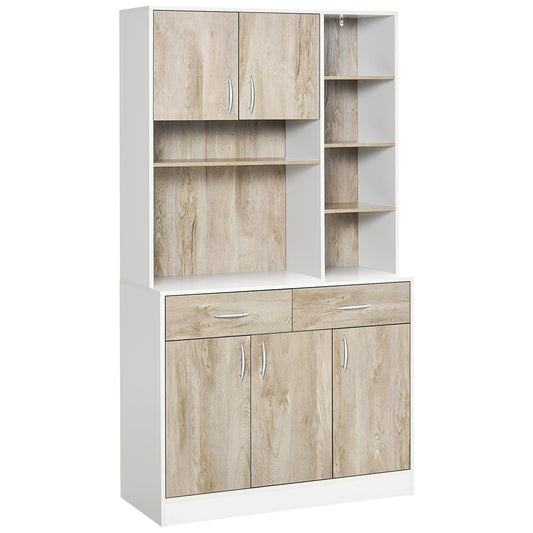 Mobile buffet dispensation kitchen, white and wood, open drawers open