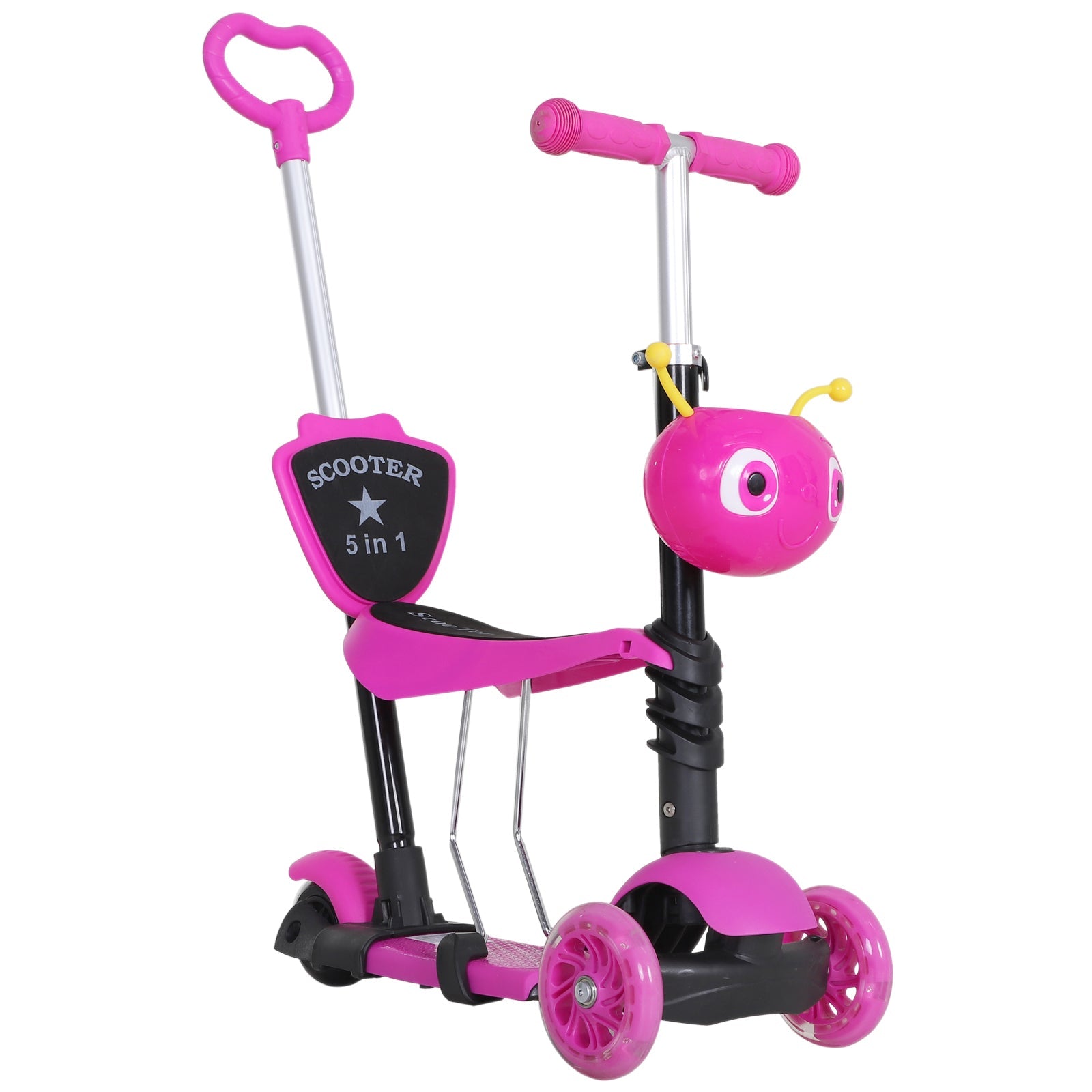 Scooter for Kids with Seat and Handlebar, 5 in 1 Height Adjustable Handlebar, 62x25x72.5cm Pink - Borgè