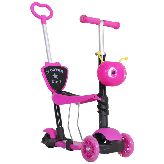 Scooter for Kids with Seat and Handlebar, 5 in 1 Height Adjustable Handlebar, 62x25x72.5cm Pink - Borgè