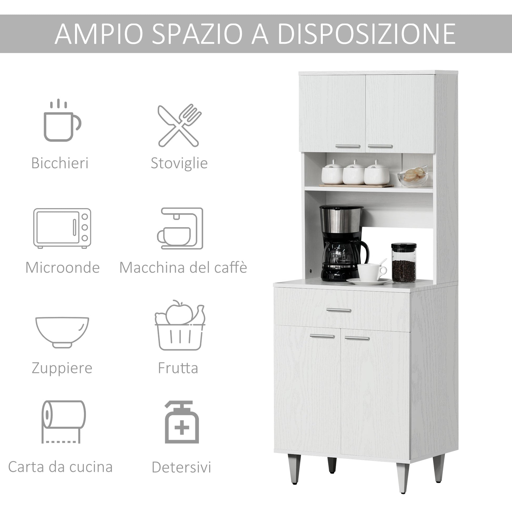 High Kitchen Sideboard, Classic White Wooden Sideboard with 2 Cabinets and 1 Shelf, White, 60x40x160cm - Borgè