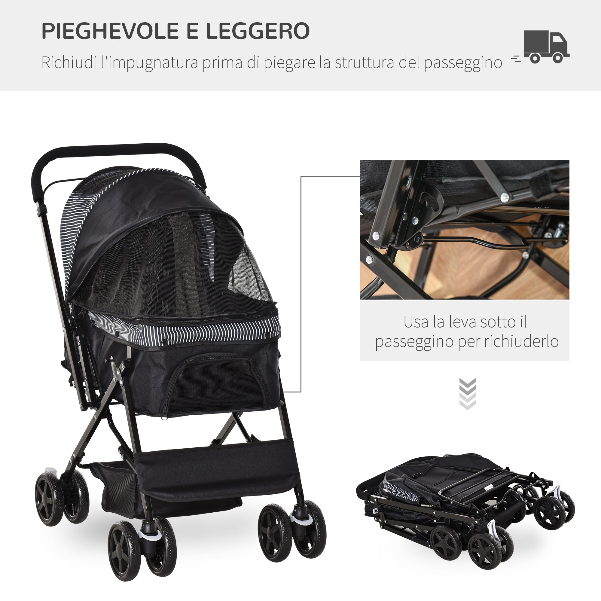 Foldable Dog Stroller with Swivel Handle and Storage Basket, Black - Borge' Group Limited