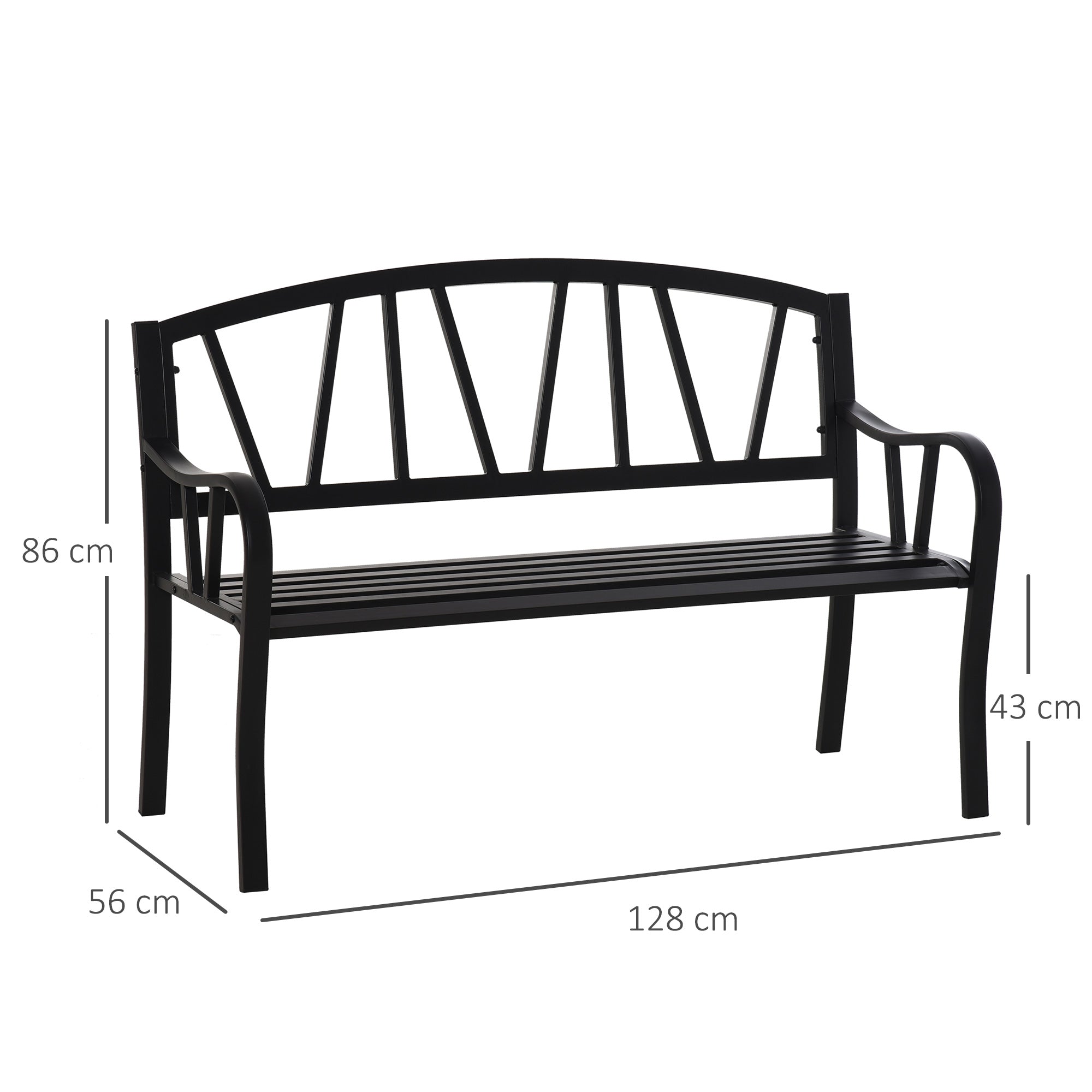 Waterproof Black Metal Garden Bench, 2-Seater Iron Outdoor Bench, 128x56x86cm - Borge' Group Limited