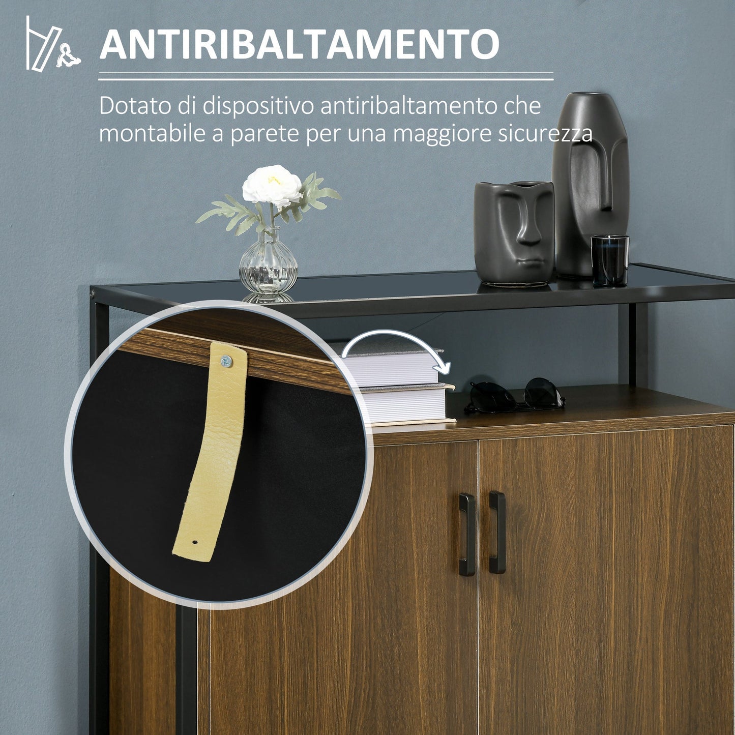 cabinet two doors in mdf with tempered glass support top, 82x30x98 cm, brown and black - Borgè