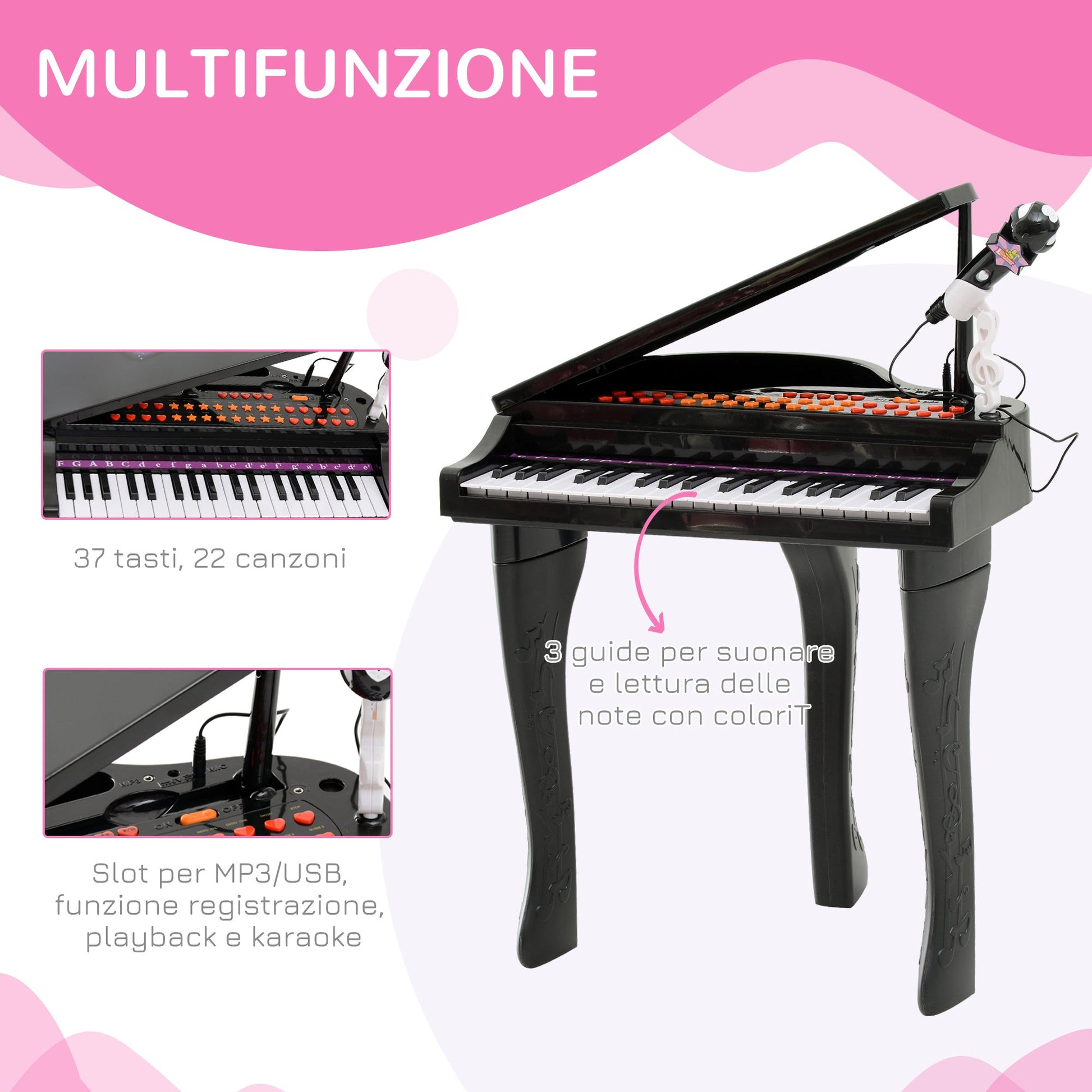 Electrical Piano Toy Musical Instrument For Children With 37 Microphone Keys And Stool 48x39x69cm Black - Borgè