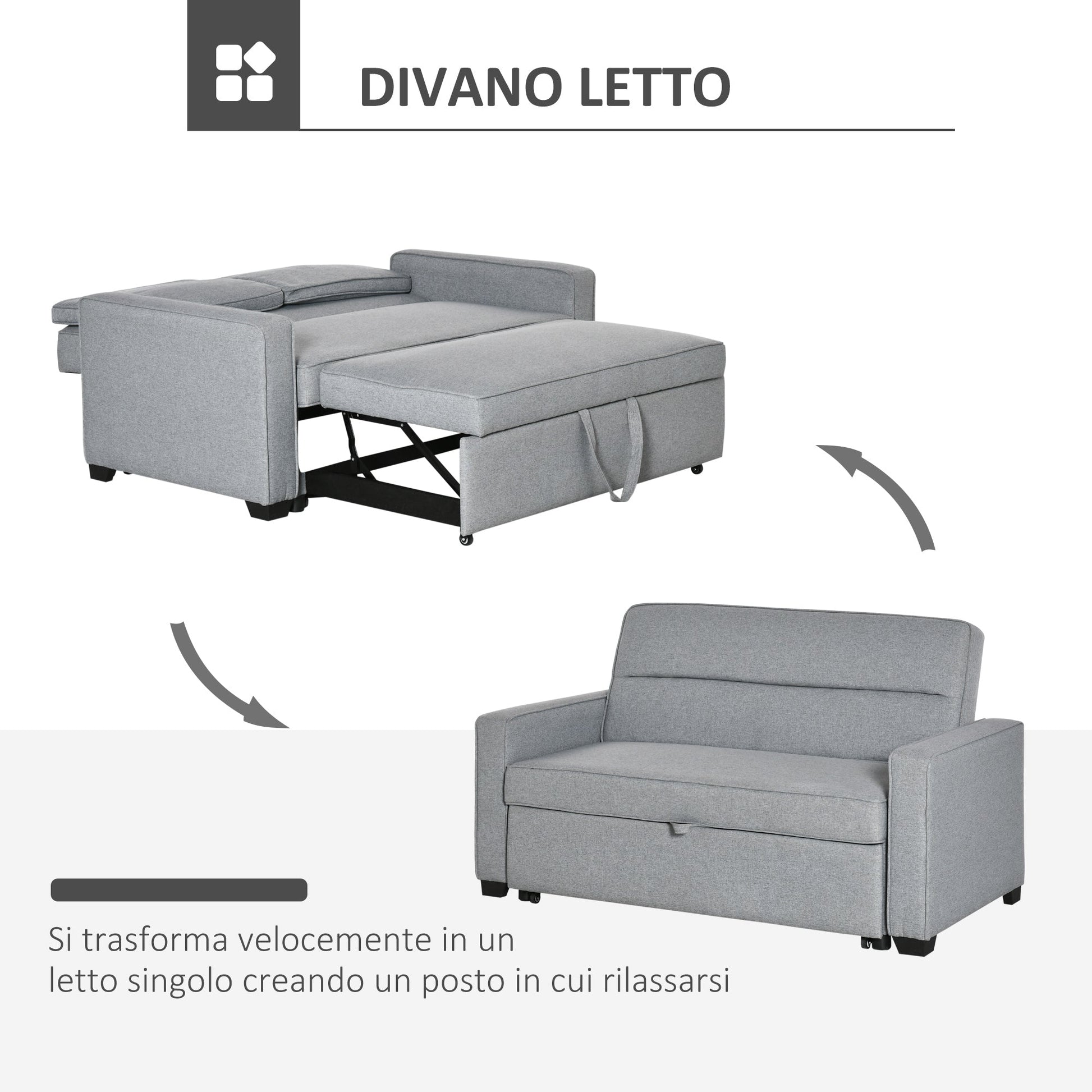 Sofa Bed at 1 Fabric square, 2 seater seat and back to 3 reclinations, 154x87x89cm - Grey - Borgè