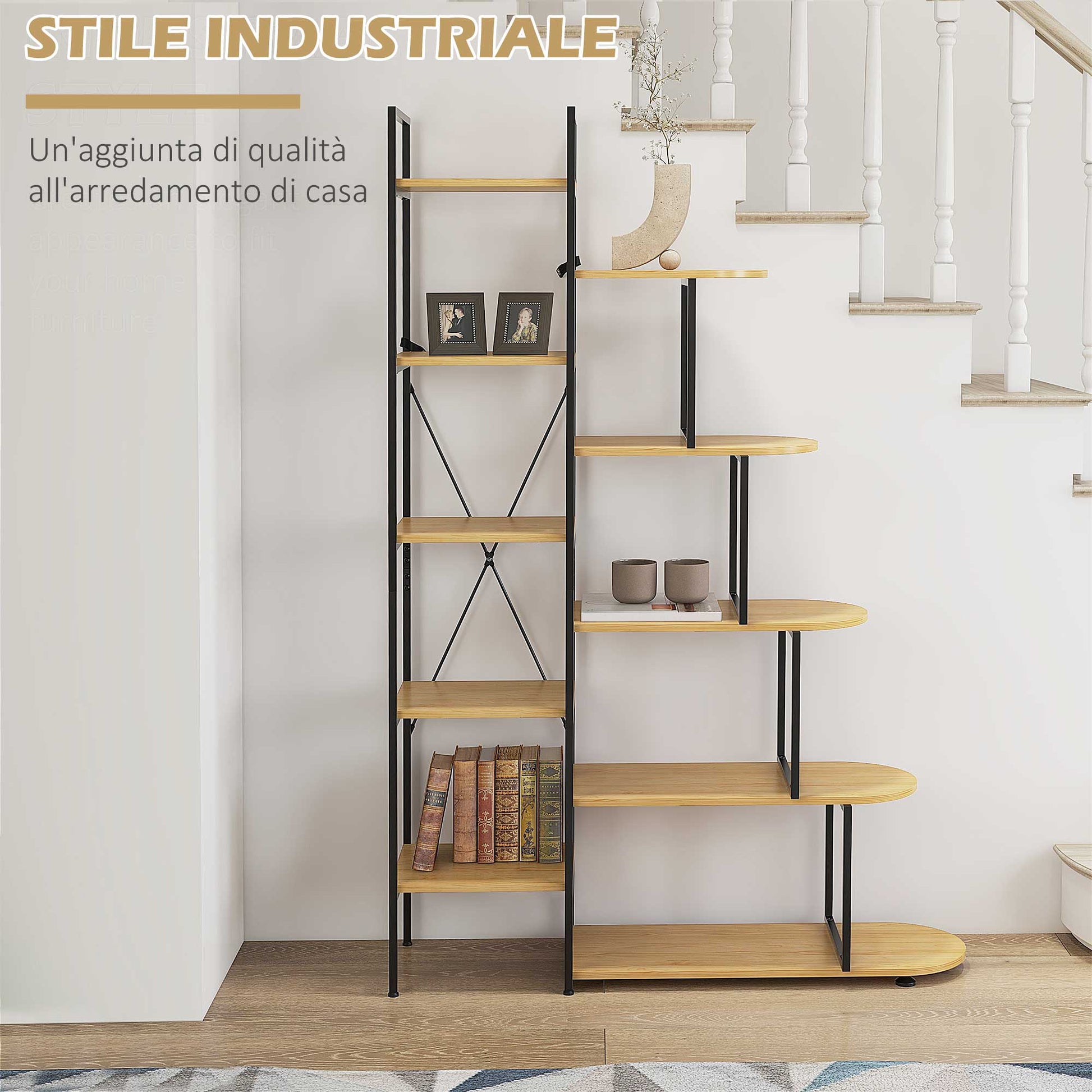 Homcom Bookcase with 10 -level bookcase, industrial style in chipboard and steel, 111.5x32x170 cm - Borgè