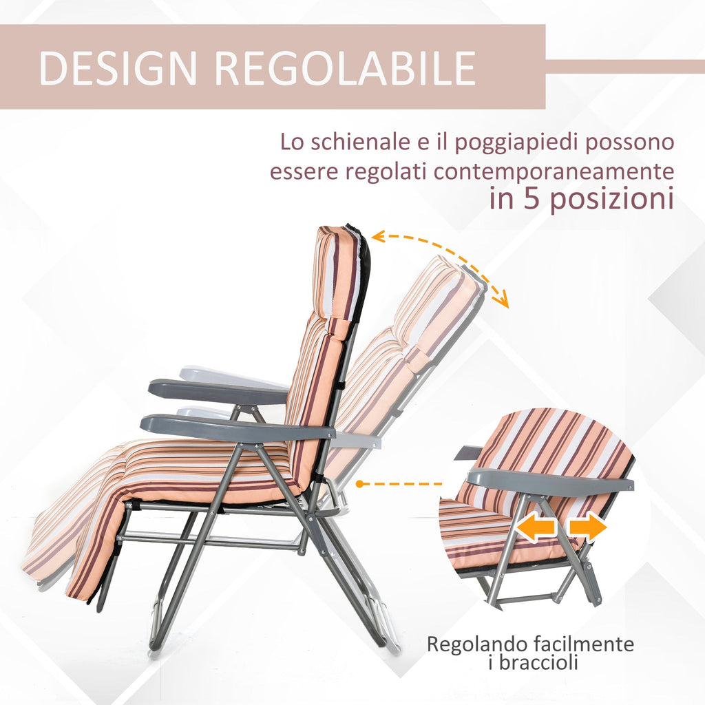 Outdoor Deck Chair Set of 2, 5-Position Reclining with Cushion, 60x75x102cm Grey Orange - Borge' Group Limited