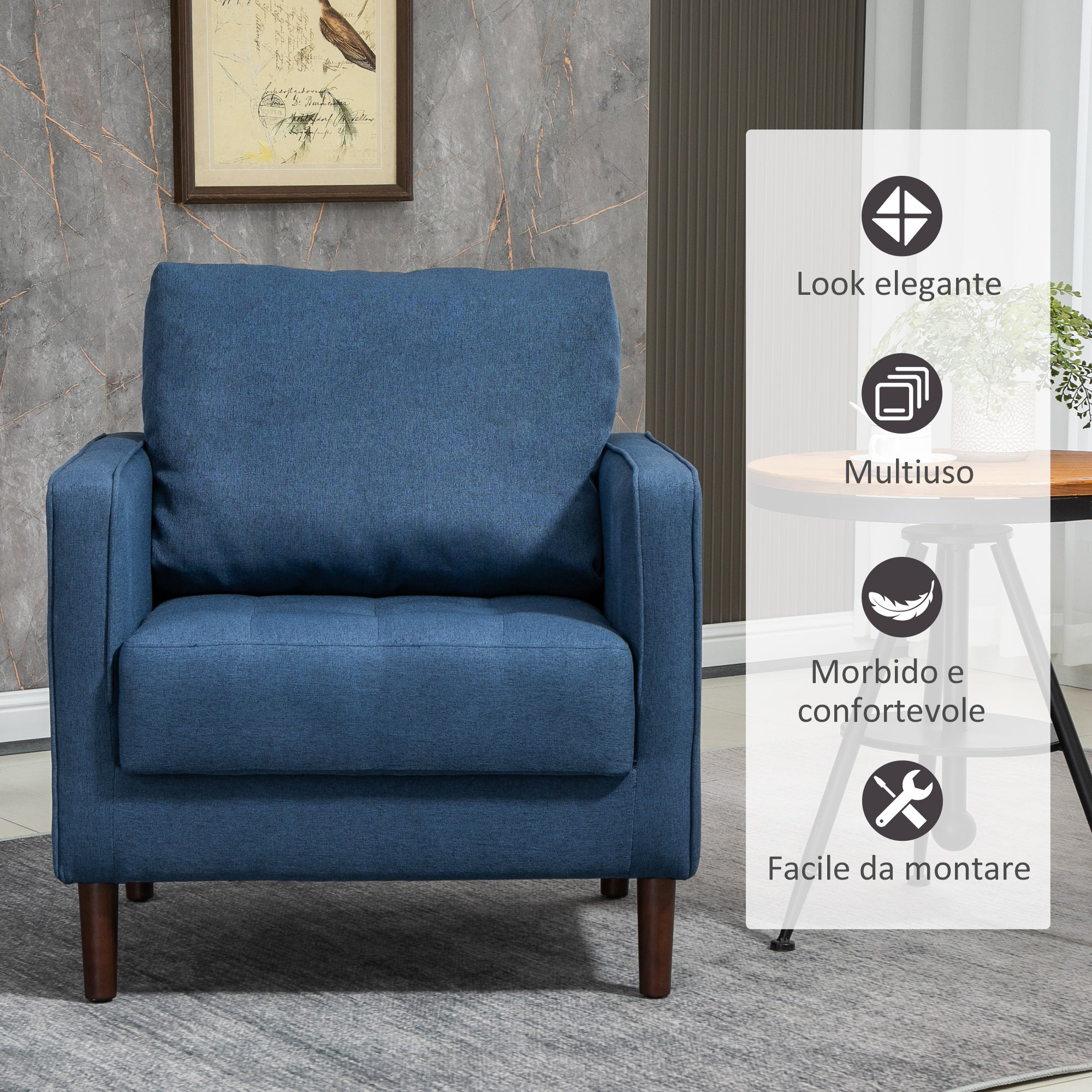 Modern armchair in linen effect fabric, wooden structure and thick padding, 76x70x87cm, blue - Borgè