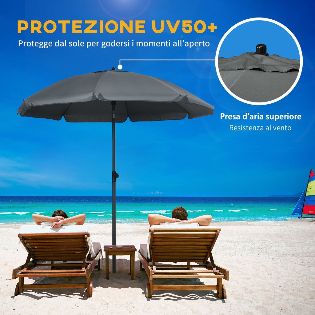 Beach Umbrella 1.8x2 m, in Polyester and Steel with 8 Ribs and 45° Reclining, Grey - Borge' Group Limited