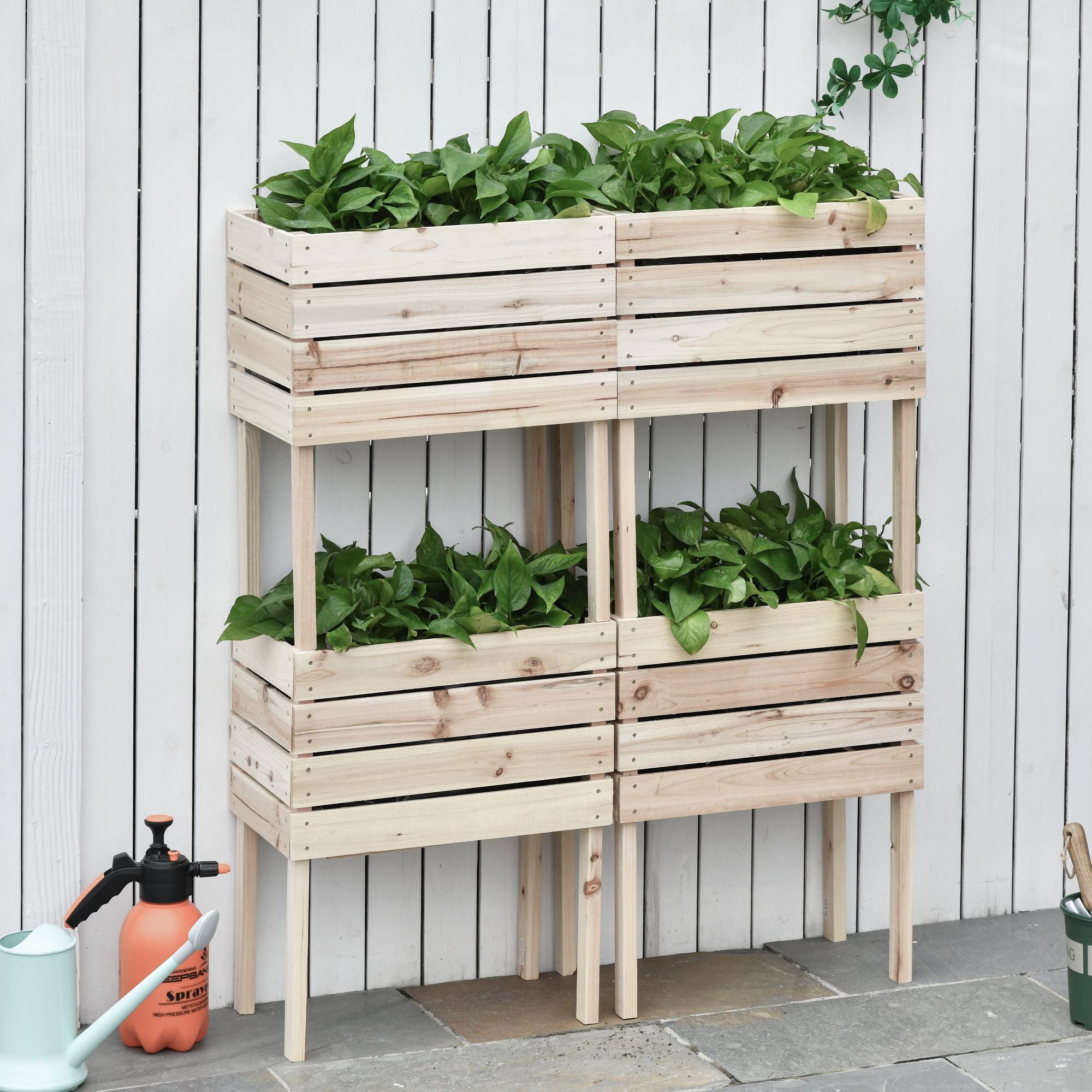 Raised Vegetable Garden Bed with 4 Plant Pots, 50x30x60cm, Natural Wood - Borge' Group Limited
