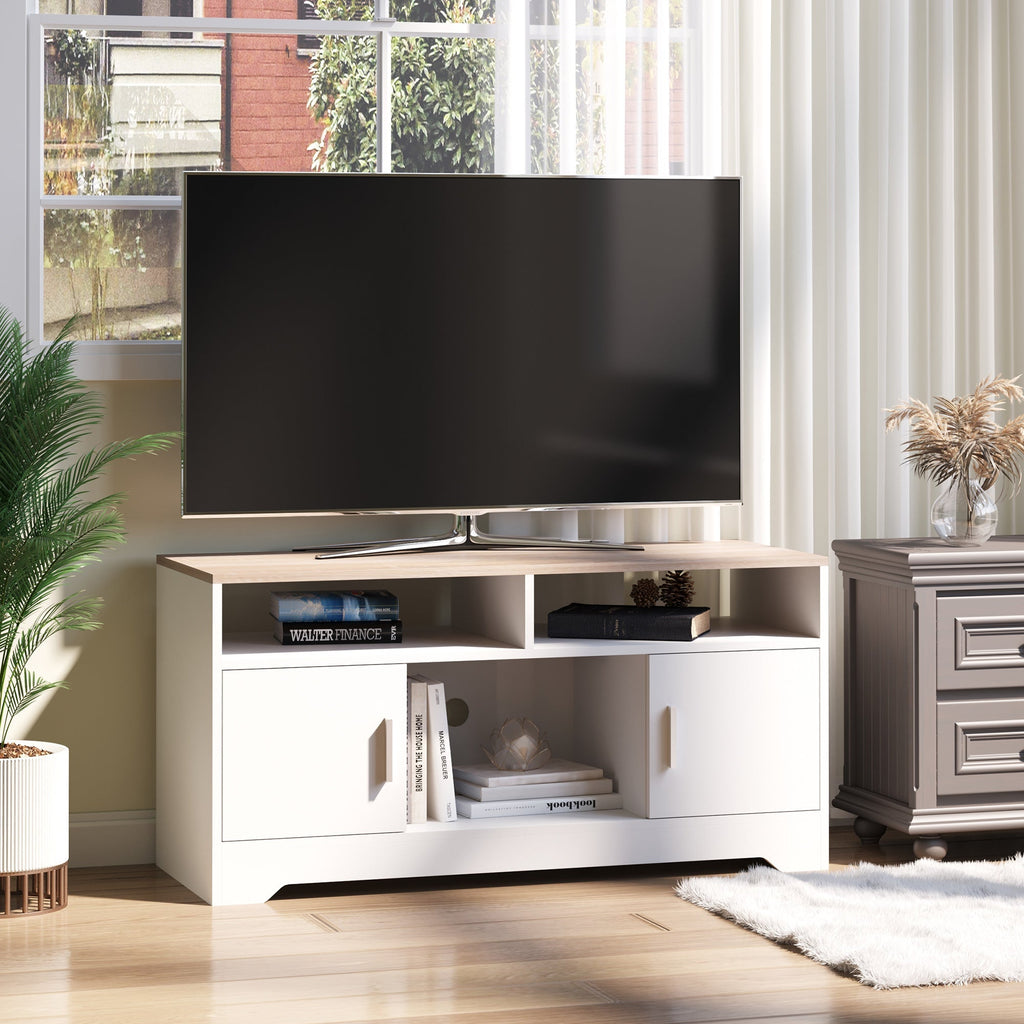 Mobile TV with 3 open compartments, 2 cabinets and support surface for TV up to 42 ", in chipboard, 105x40x52cm, white and wood - Borgè