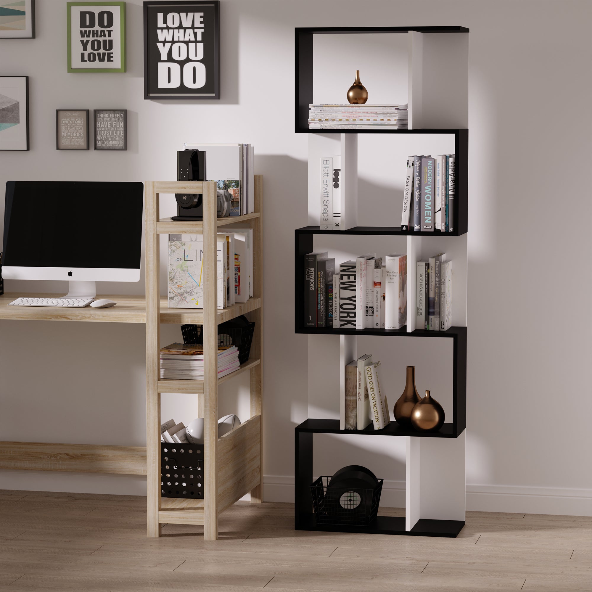 Homdom Modern Wall Library 5 Black and Black Wooden Woodlings, 60x24x184.5cm - Borgè