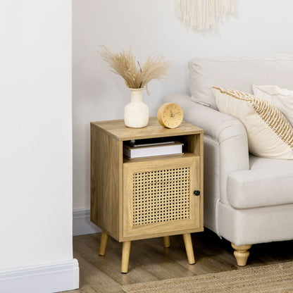 Set 2 modern bedside tables with locker and open shelf, in chipboard and rattan, 39x35x60 cm