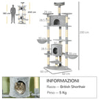 Cat Tree for cats with Scratch Pole, with houses and hammocks, 60x60x200cm, light Grey - Borgè