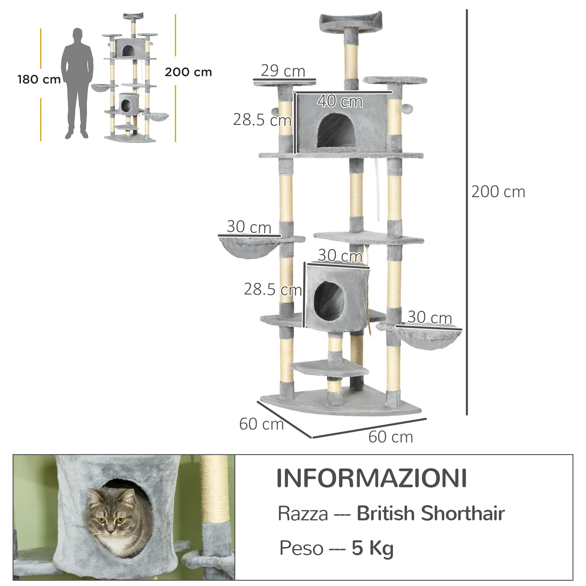 Cat Tree for cats with Scratch Pole, with houses and hammocks, 60x60x200cm, light Grey - Borgè