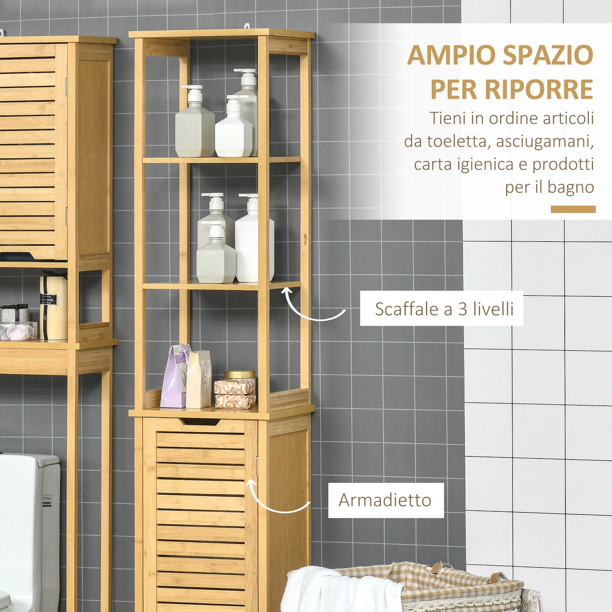 Kleankin Bathroom Cabinet with 3 shelves and 1 sideboard, slatted design, mdf and bamboo, 34x30x173cm - Borgè